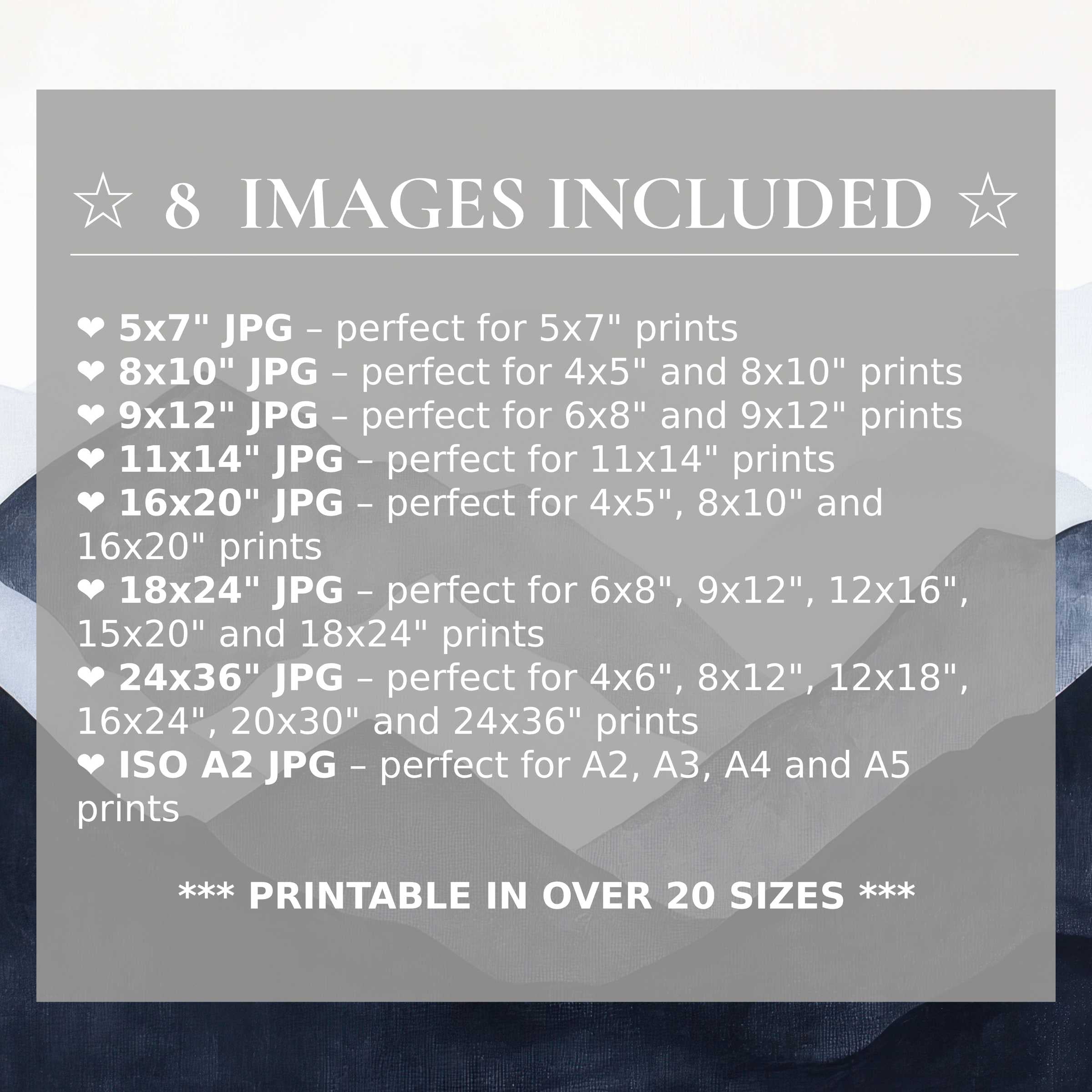 Modern digital print in soothing navy and soft gray tones radiates calm sophistication, elevating interiors with style and 8 included high-quality sizes