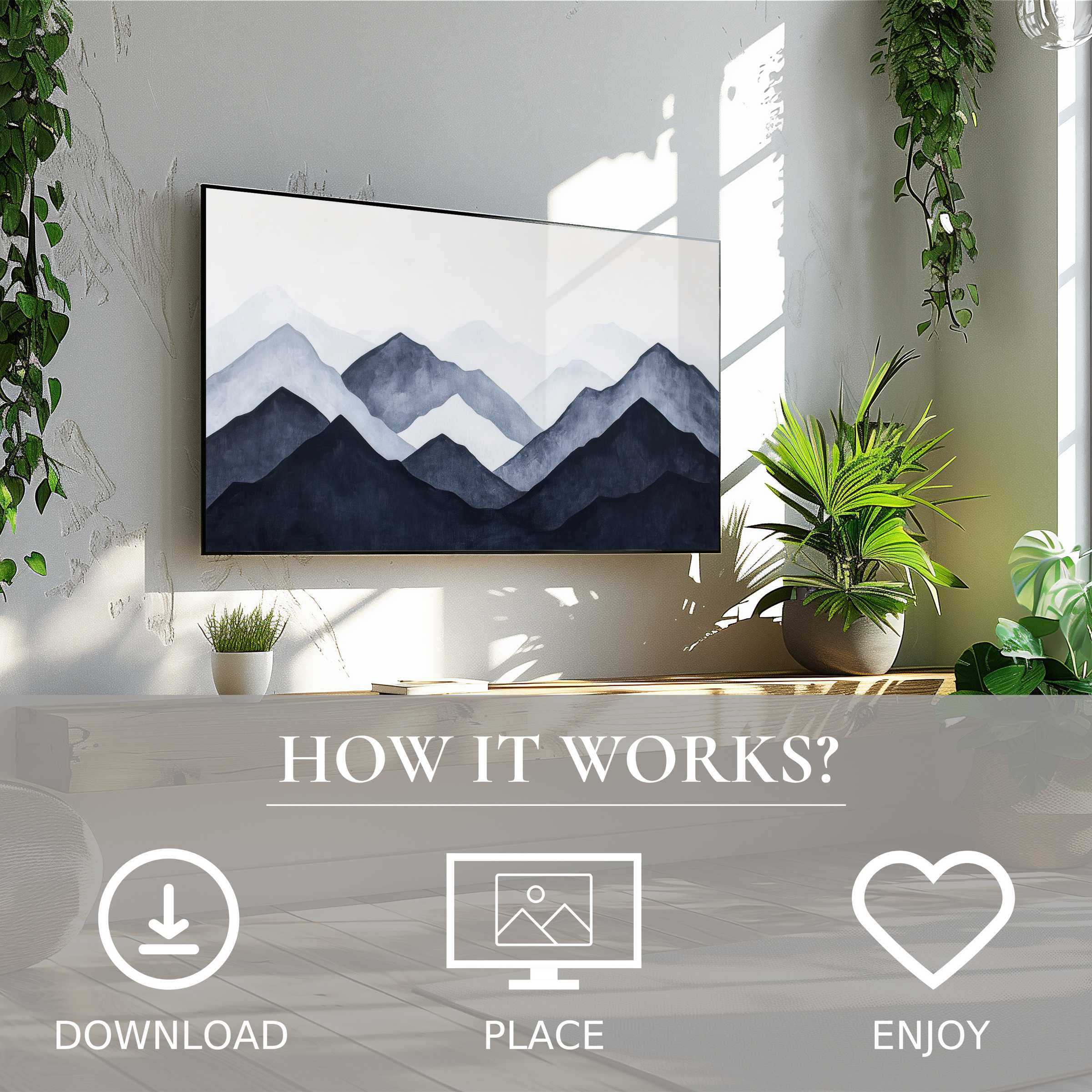 Modern art for Samsung TV: serene mountain motif in grayscale, easy digital download, enhances bright, stylish living spaces
