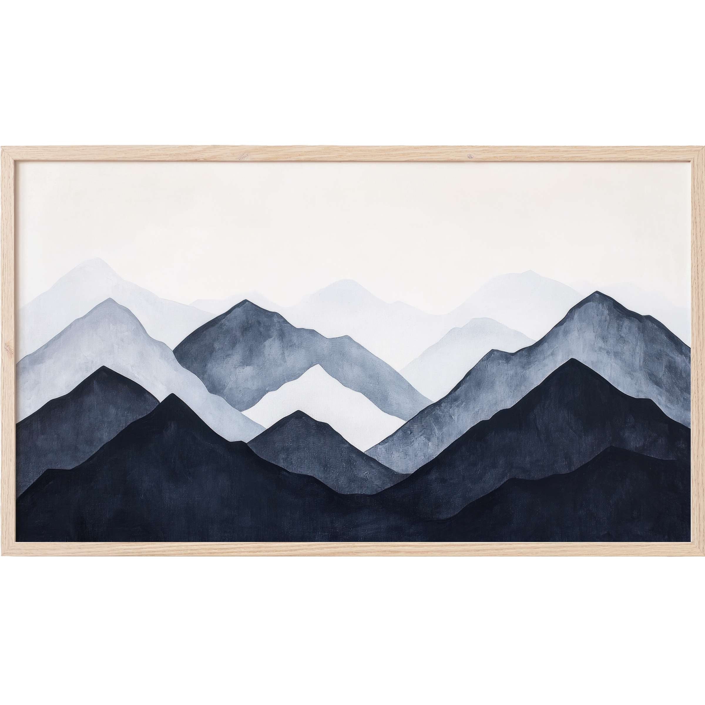 Serene mountain silhouettes in layered blues and grays within a natural wood frame, modern Frame TV Art