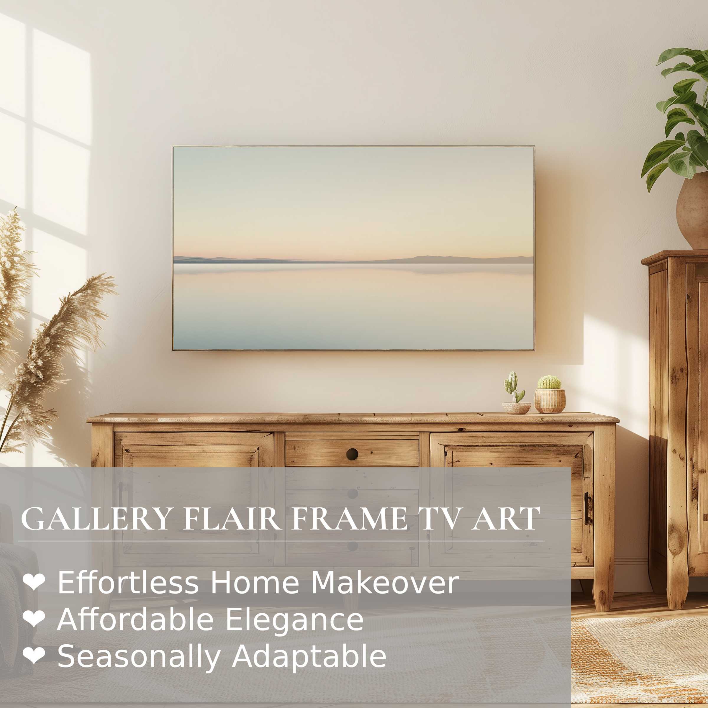 Minimalist Samsung Frame TV in serene setting with neutral digital artwork, perfect for elegant, modern home décor