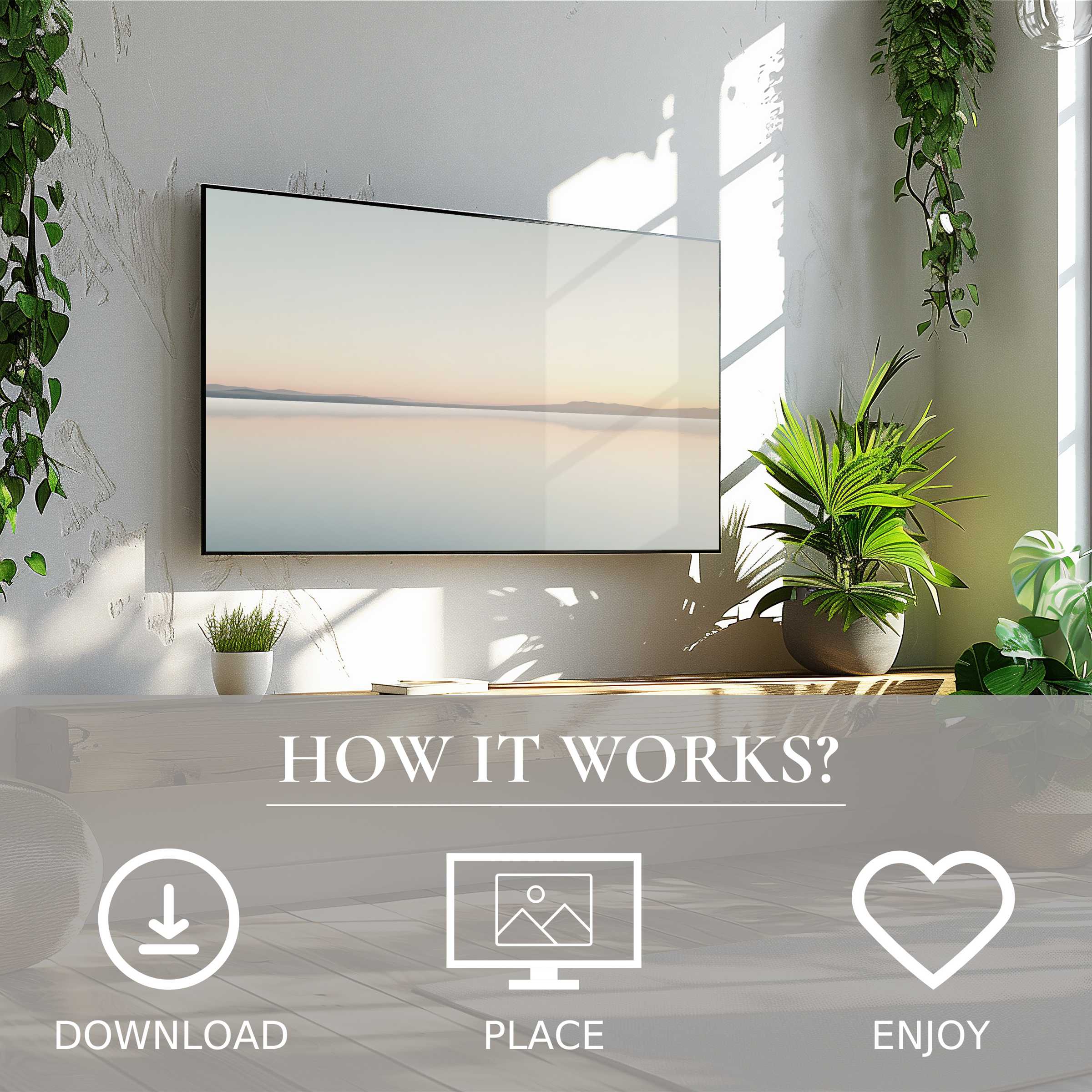 Neutral art for Samsung TV displaying soft sunset tones; easy digital download enhances modern living spaces