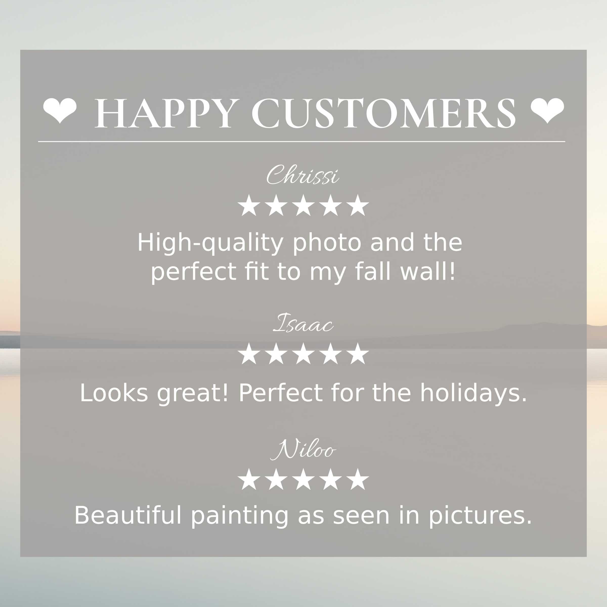 Neutral art for Frame TV with abstract sunset hues, showcasing happy customer reviews and elegant trust-building design