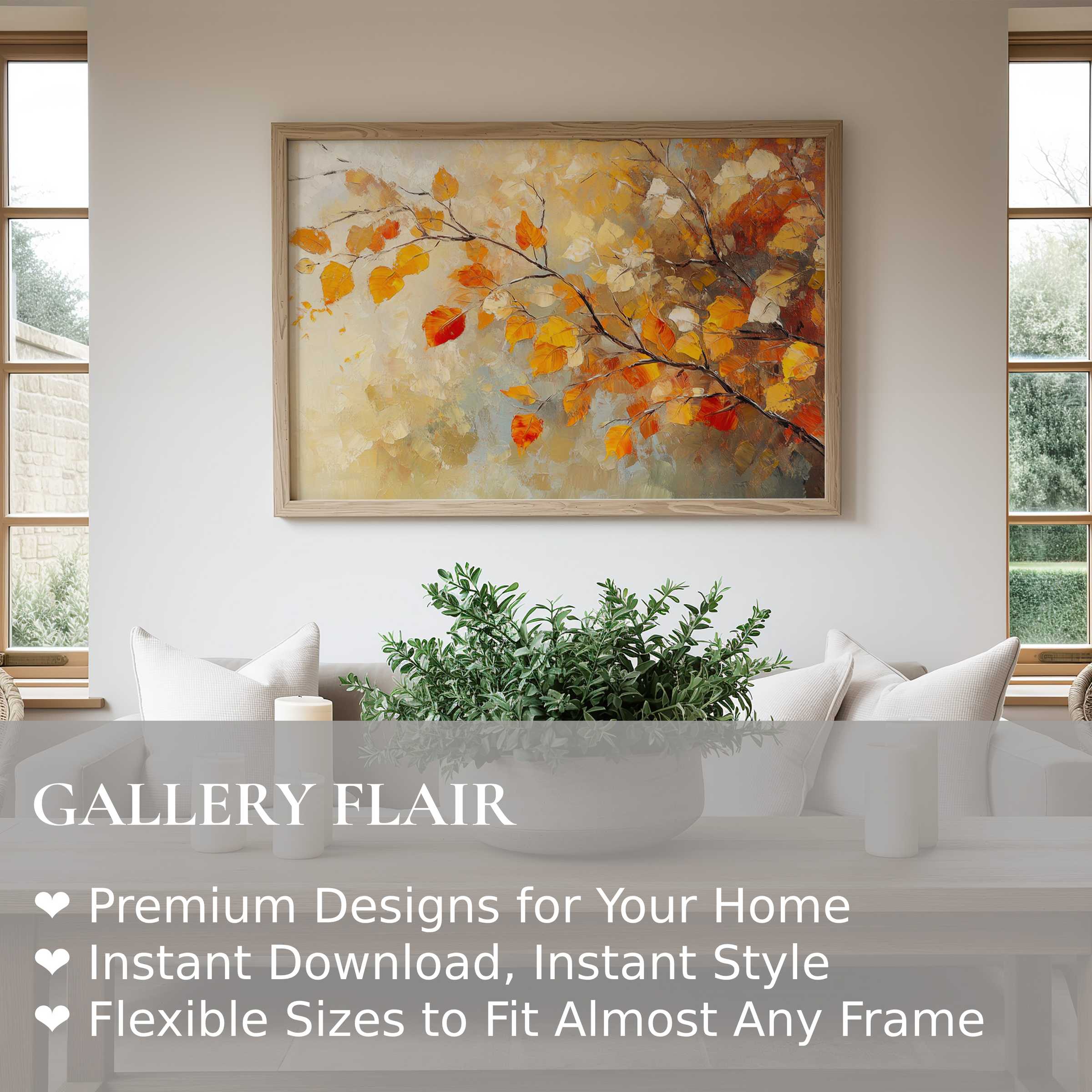 Radiant tree wall art print with warm autumn hues, enhancing serene modern living spaces with natural elegance and calming ambiance