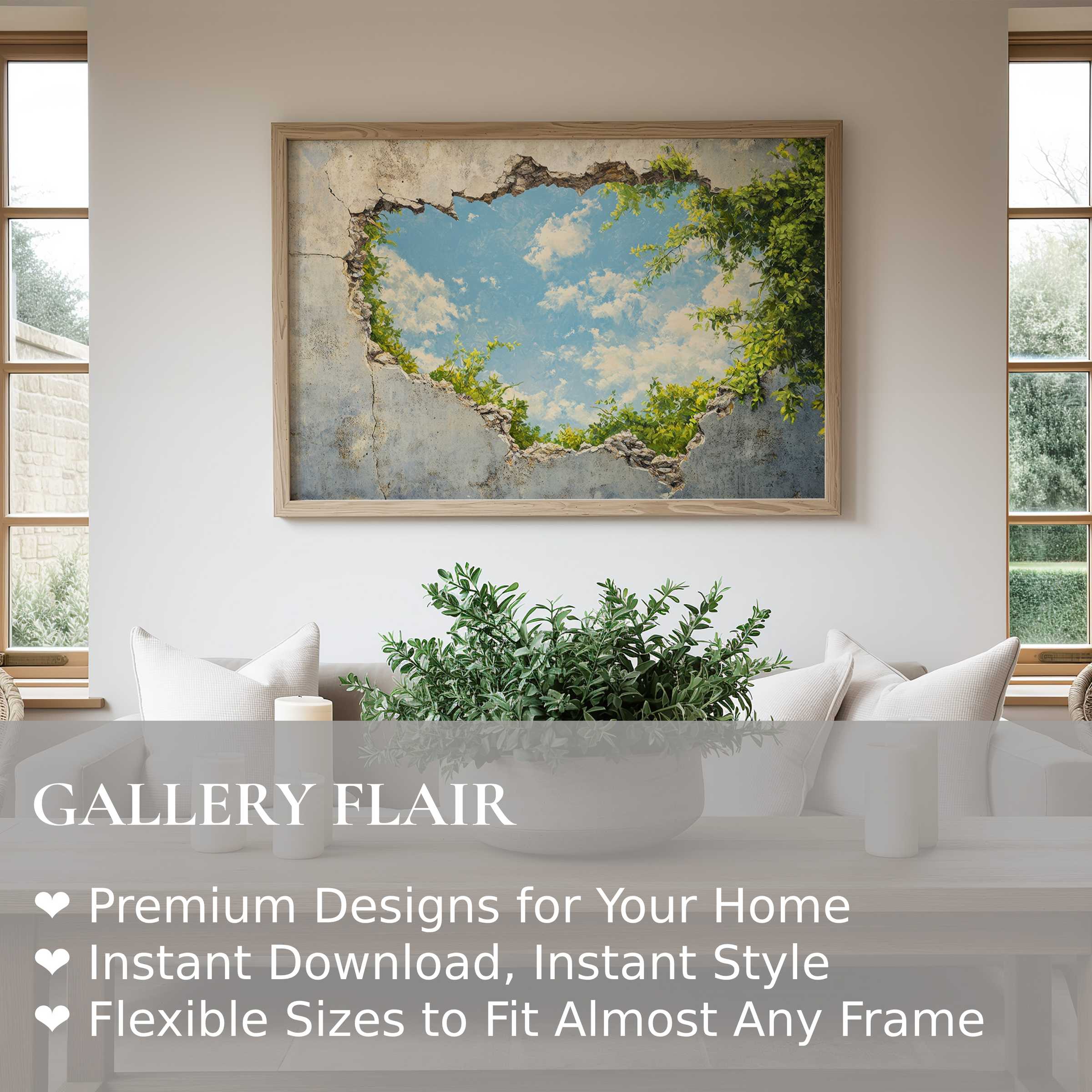 Street art wall art print showcasing a vibrant sky and lush greenery through a cracked concrete mural, enhancing modern minimalist interiors with bold urban elegance