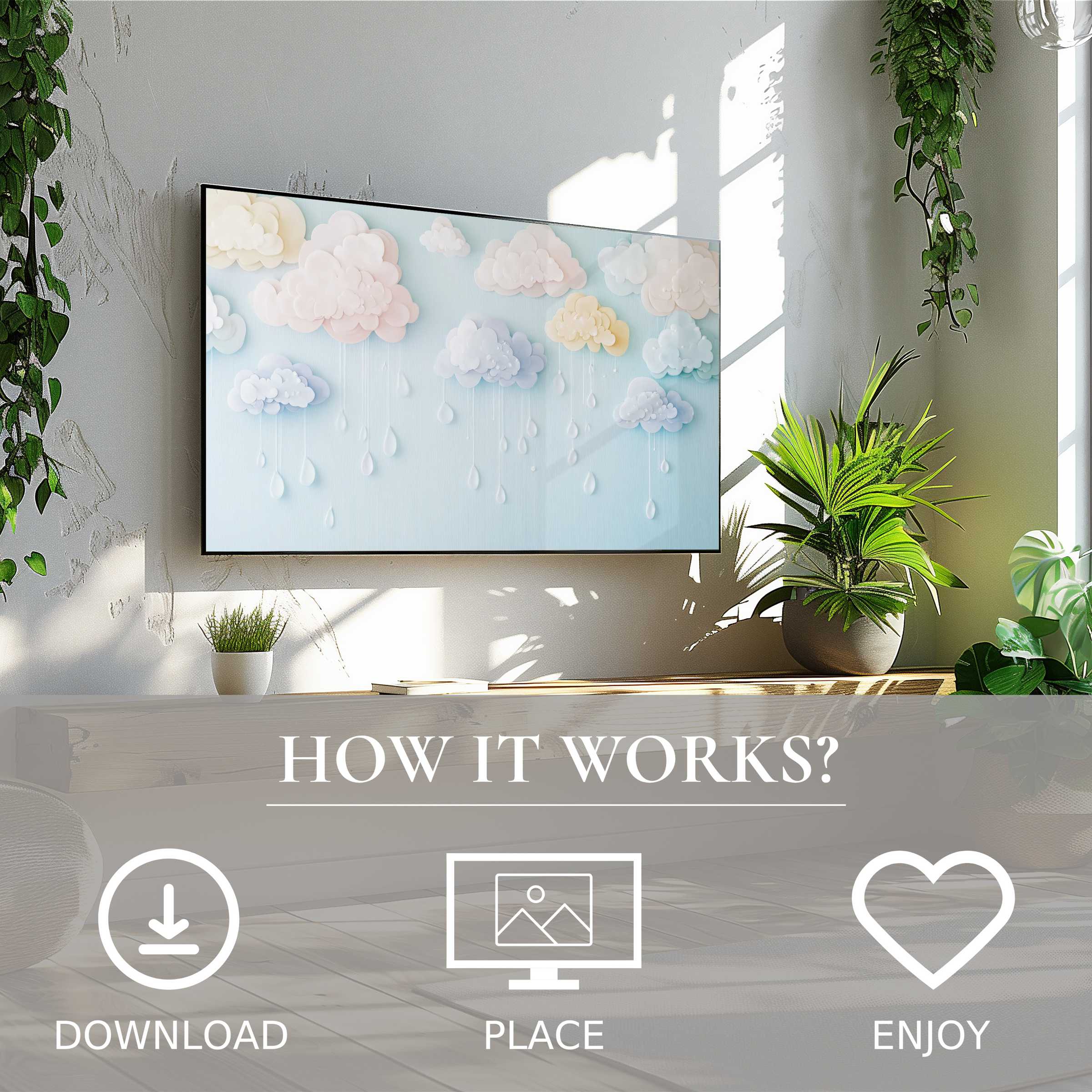 Nursery art for Samsung TV with soft pastel clouds motif, easy digital download to enrich modern living spaces