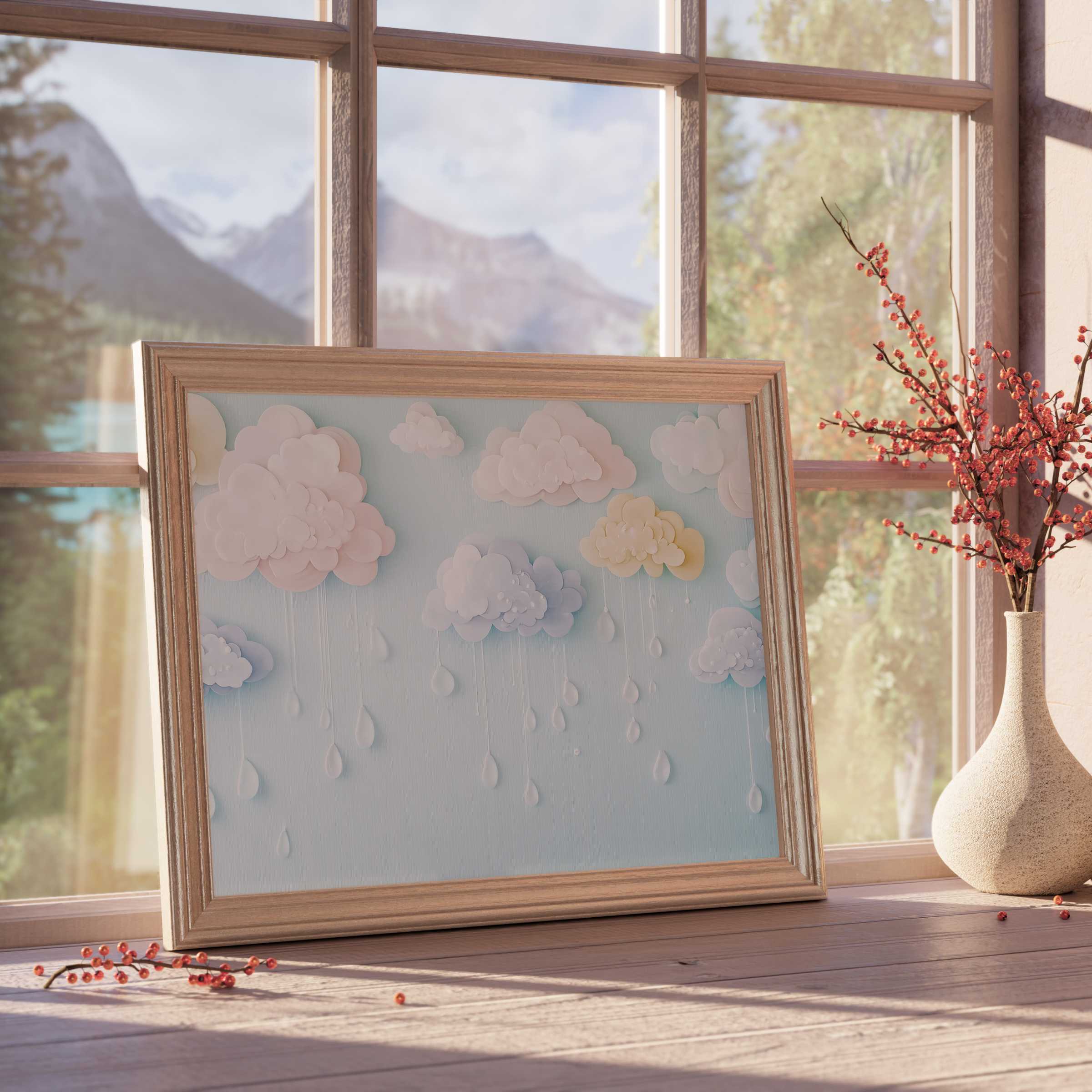 Nursery downloadable art featuring serene pastel clouds and gentle raindrops, perfect for calming, curated baby rooms