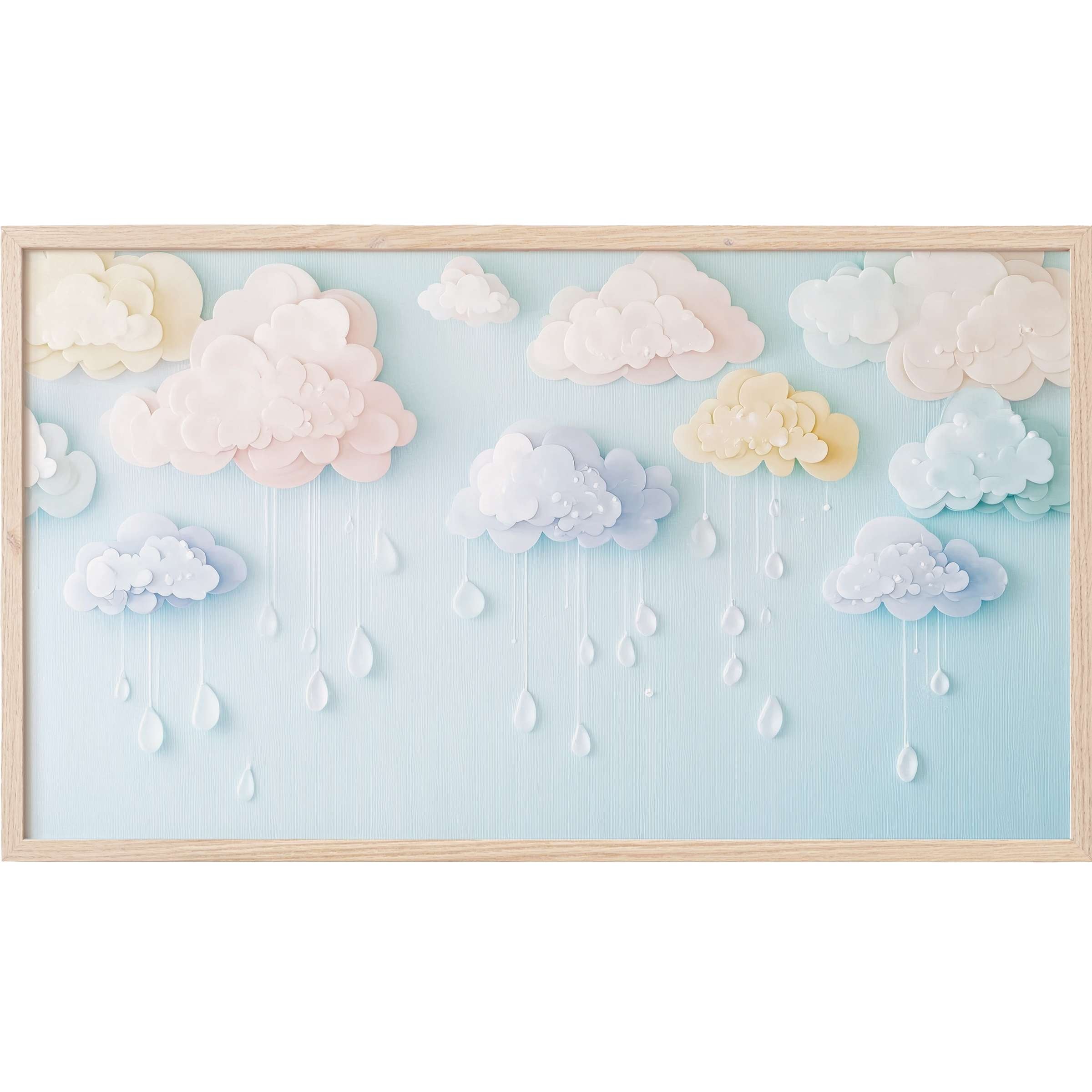 Soft pastel clouds with delicate raindrops on a serene blue backdrop, perfect nursery Frame TV Art piece
