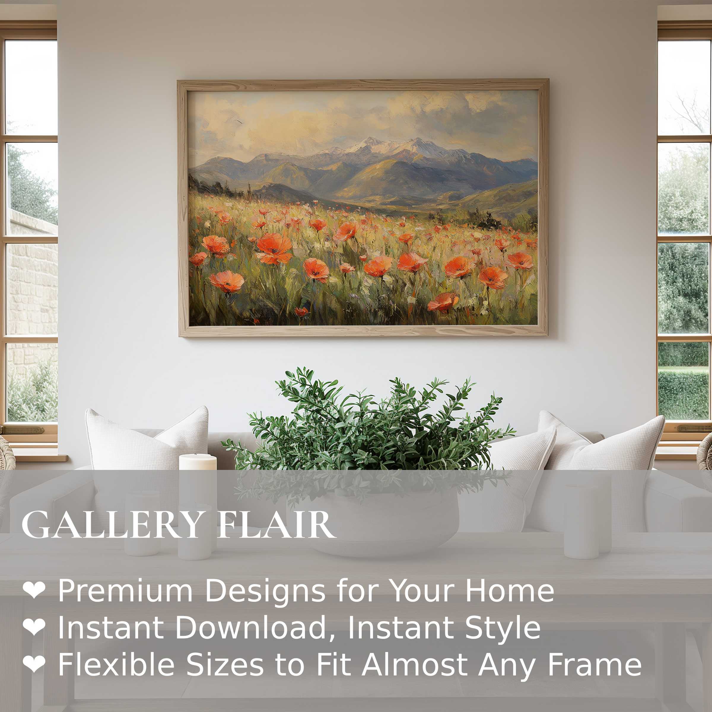Vintage wall art print of vibrant poppy meadow beneath misty mountains, radiating timeless charm and serenity in a modern farmhouse living room