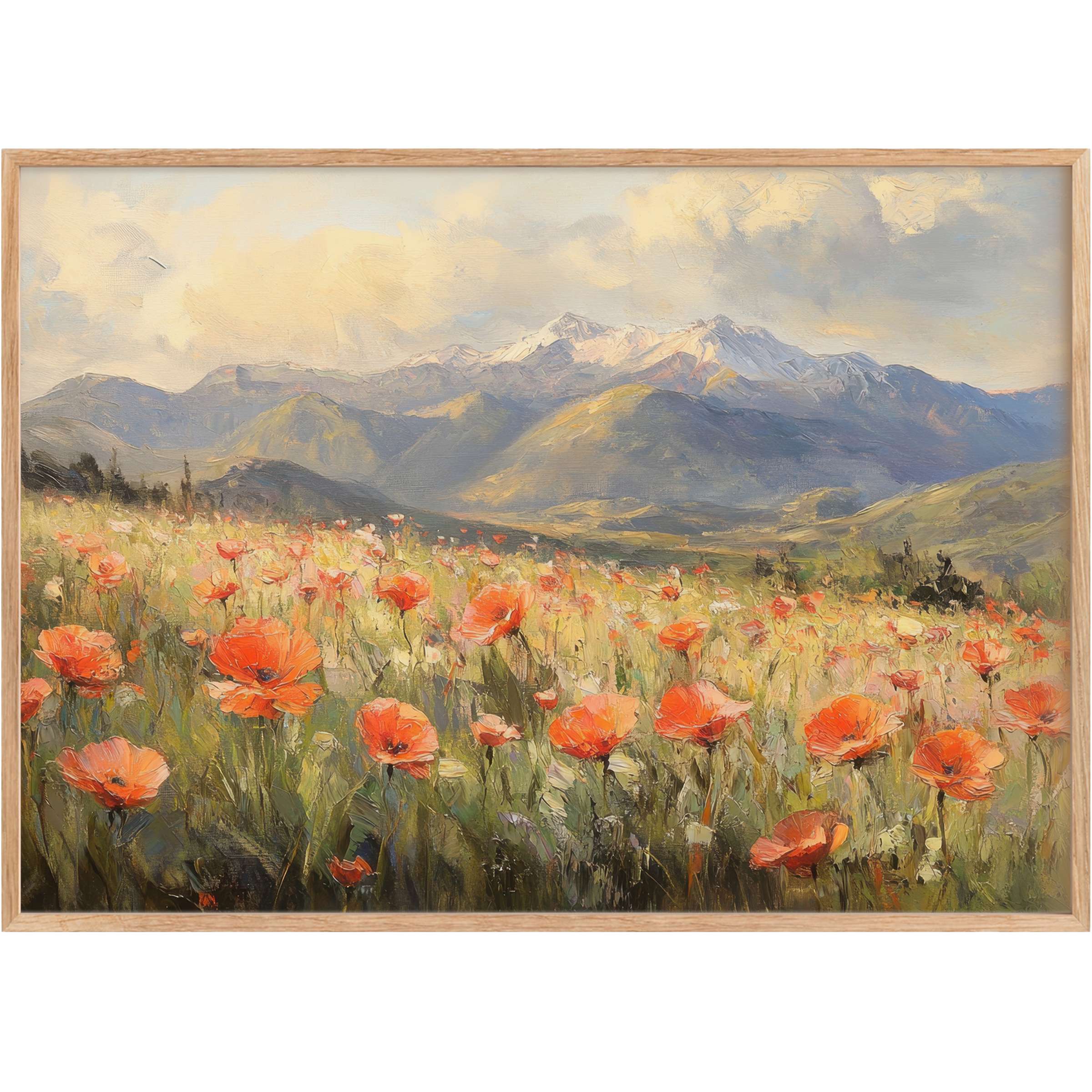 Vintage printable wall art featuring radiant poppies in soft sunlight, evoking serene warmth with muted greens and gentle sky blues