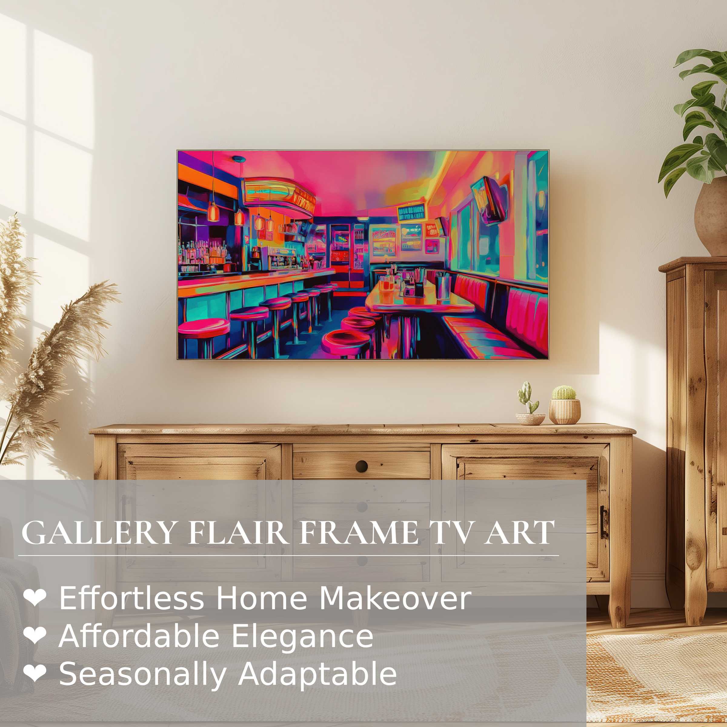 Modern living room with Samsung Frame TV showcasing vivid pop art digital artwork in elegant, refined home decor setting