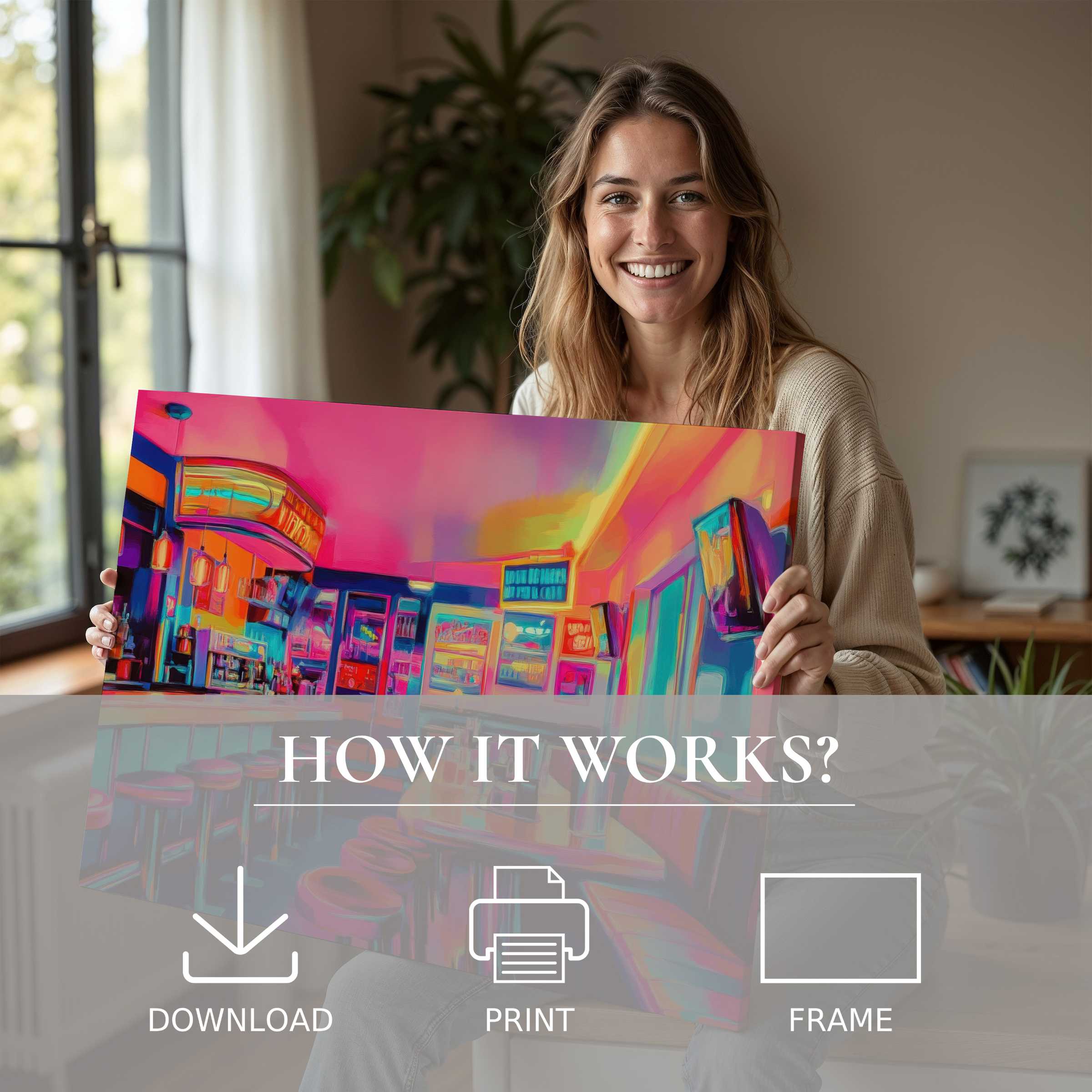 A woman radiates joy in her modern home, embracing a vibrant pop art digital art print that effortlessly elevates her space