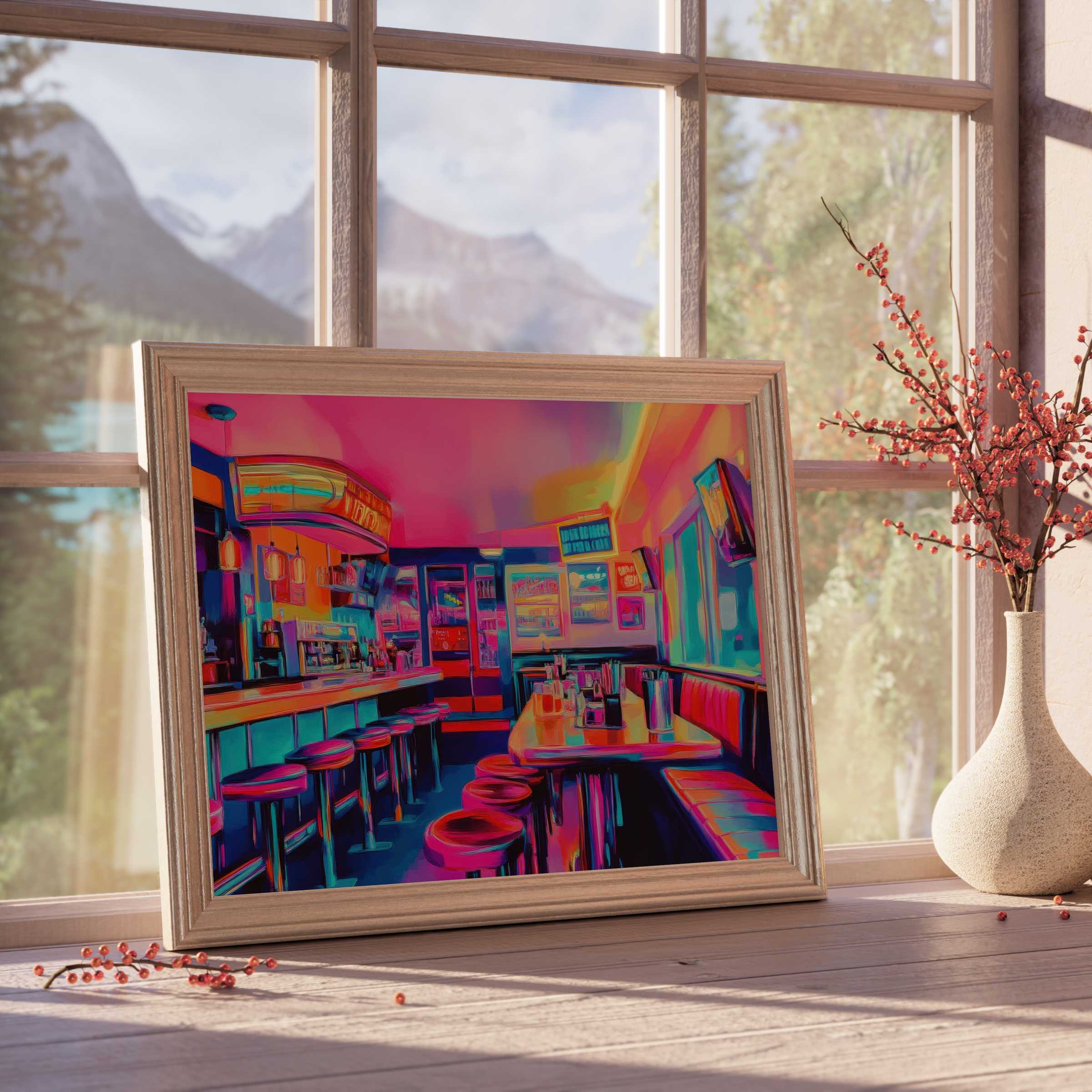 Vibrant pop art downloadable art of a retro diner interior, infusing curated spaces with bold colors and timeless charm