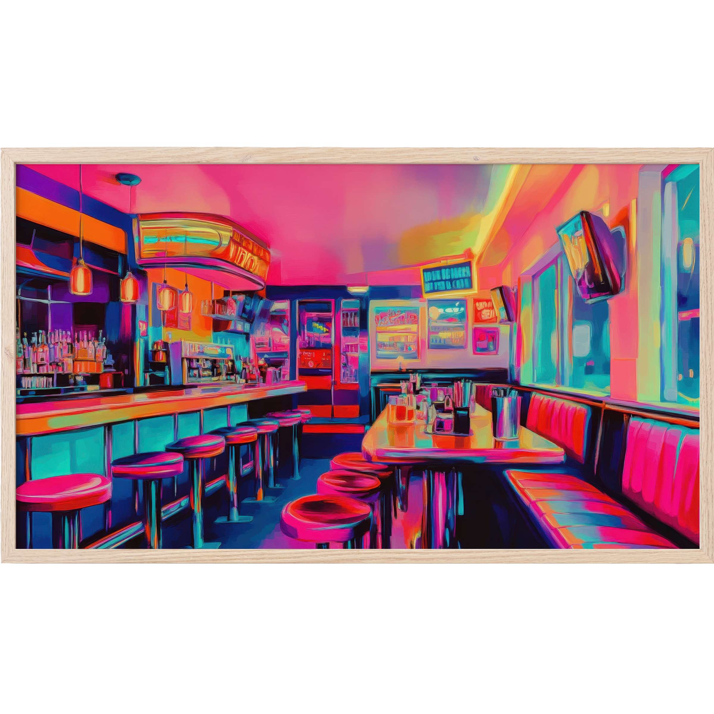 Vibrant neon diner scene with bold pinks, blues, and oranges in a pop art Frame TV Art style, sleek and modern