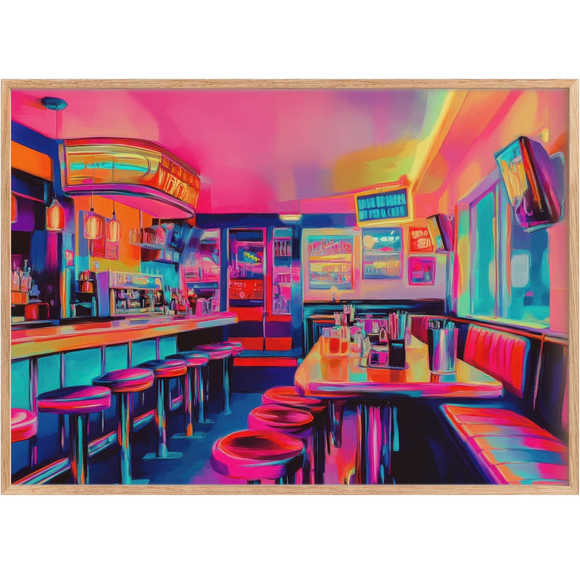 Vibrant pop art printable wall art capturing a retro diner’s electric ambiance with glowing pinks, blues, and oranges