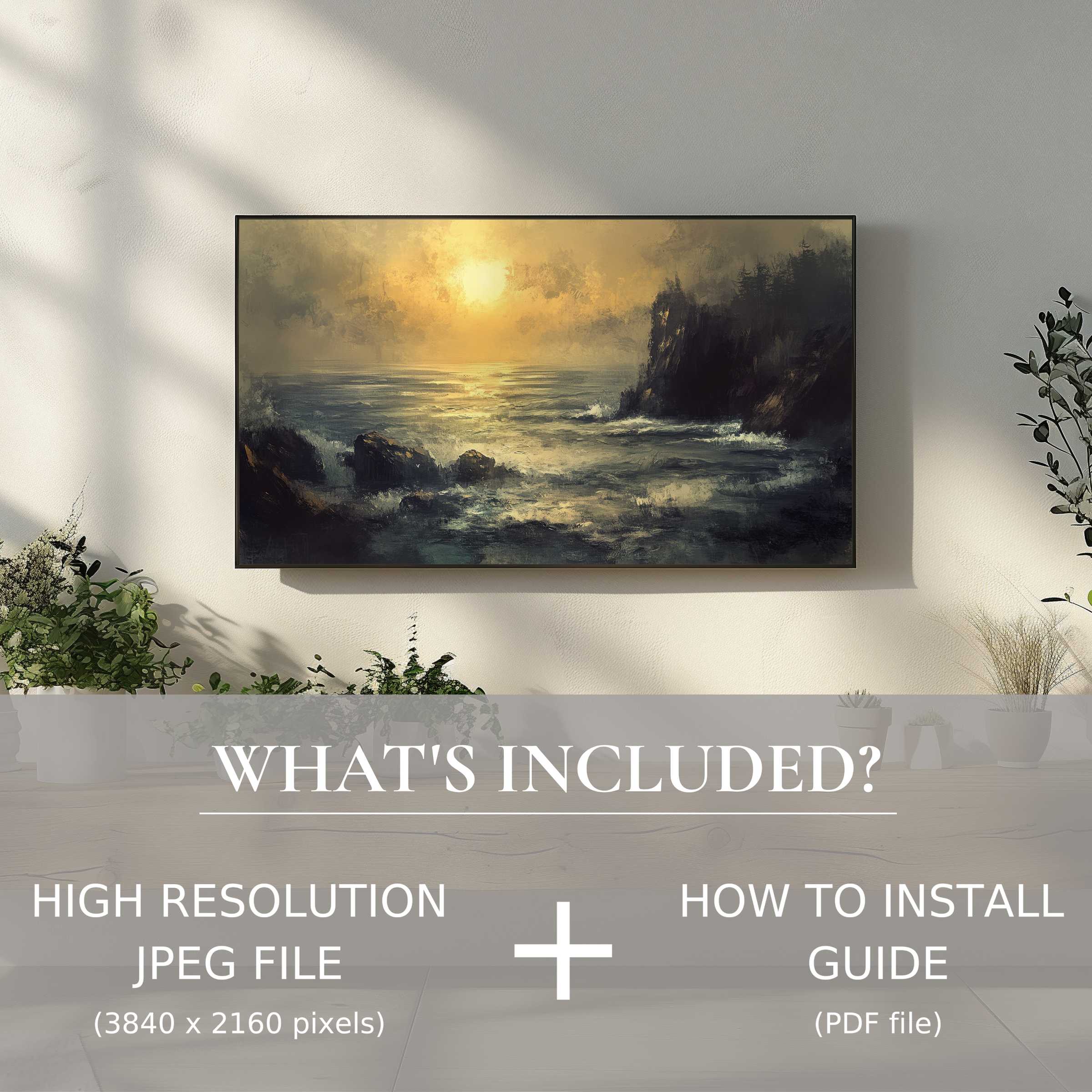 Elegant landscape digital TV art download enhances living spaces with easy digital use and serene ocean sunset