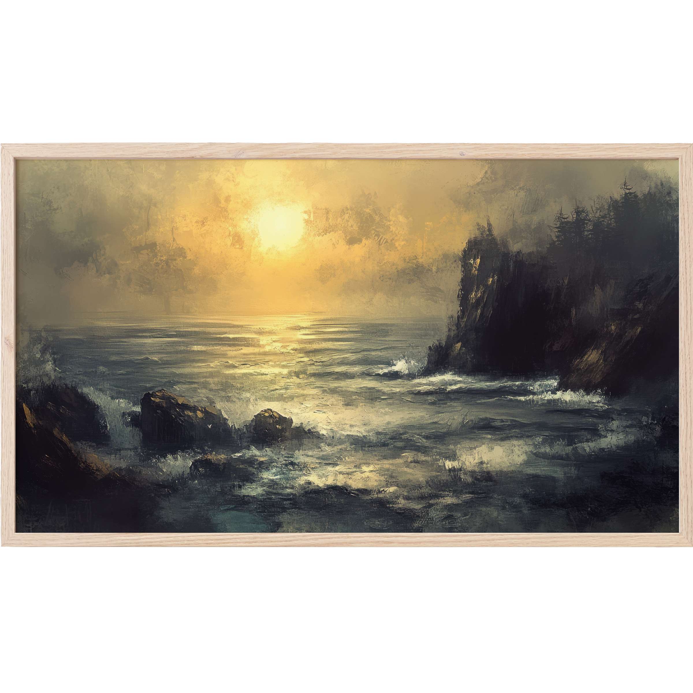 Moody seascape with golden sunset, deep blues and blacks, textured brushstrokes in landscape Frame TV Art