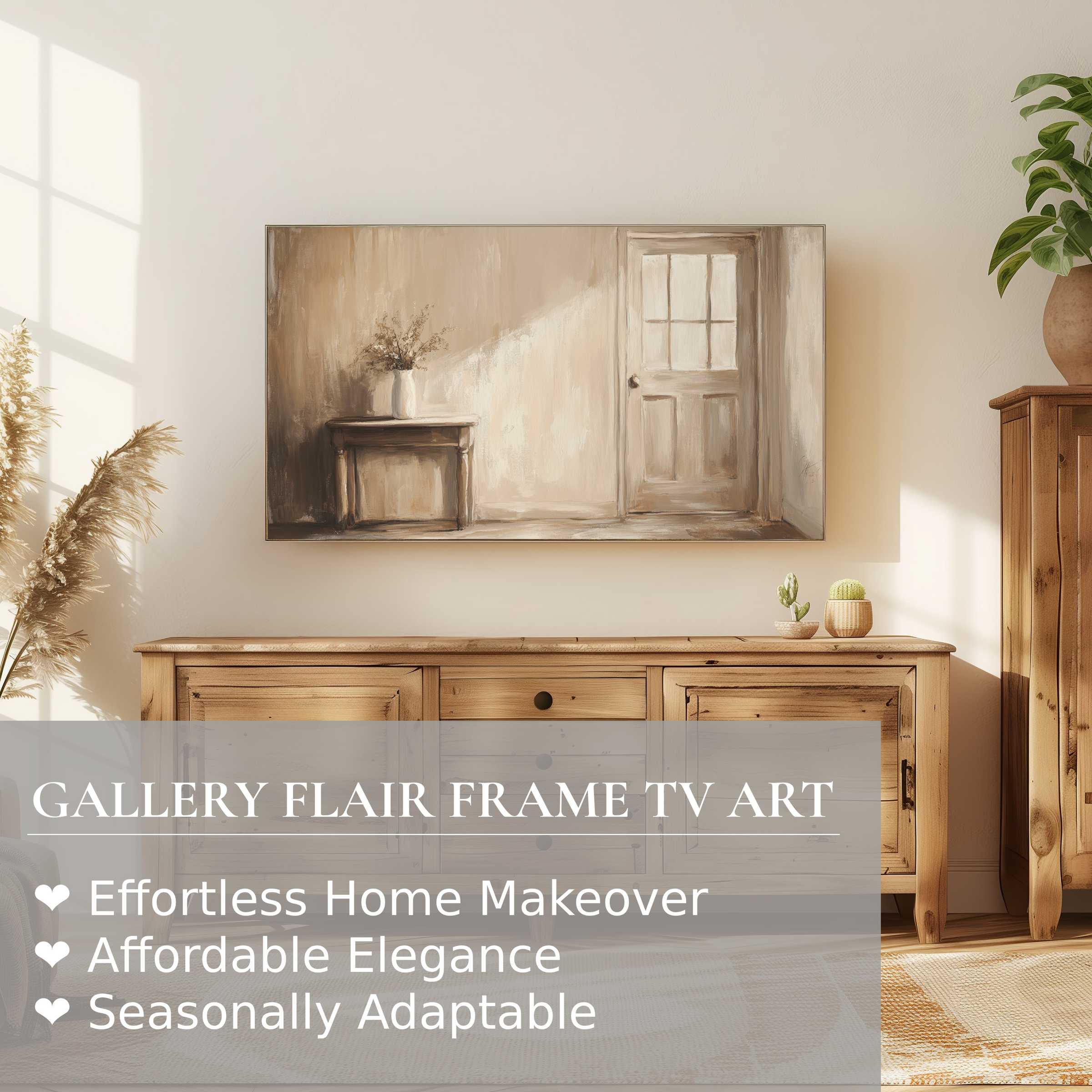 Samsung Frame TV displaying serene farmhouse digital artwork in warm neutrals, perfect for refined home decor