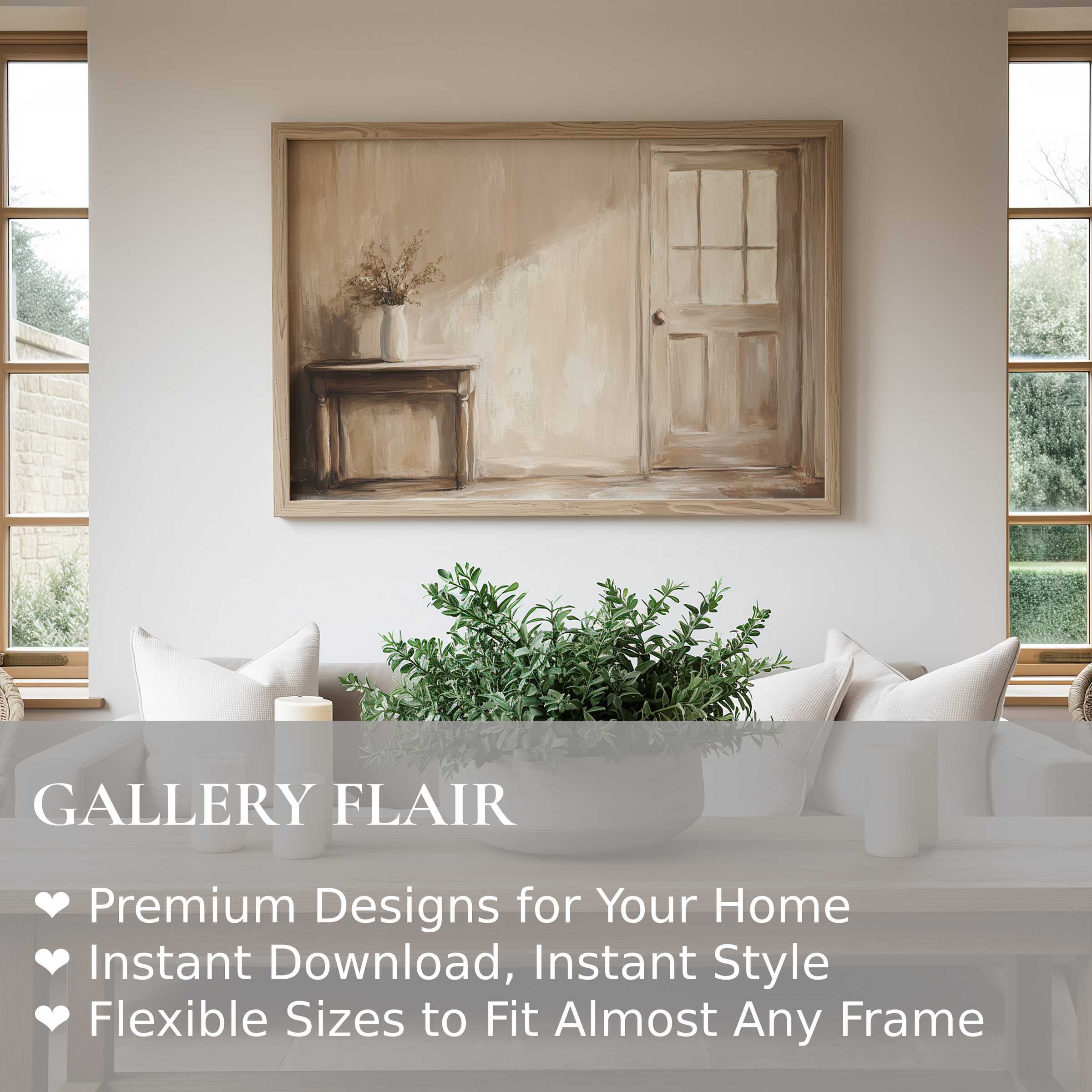 Farmhouse wall art print with soft neutral tones and textured brushstrokes, enhancing a serene modern rustic living space