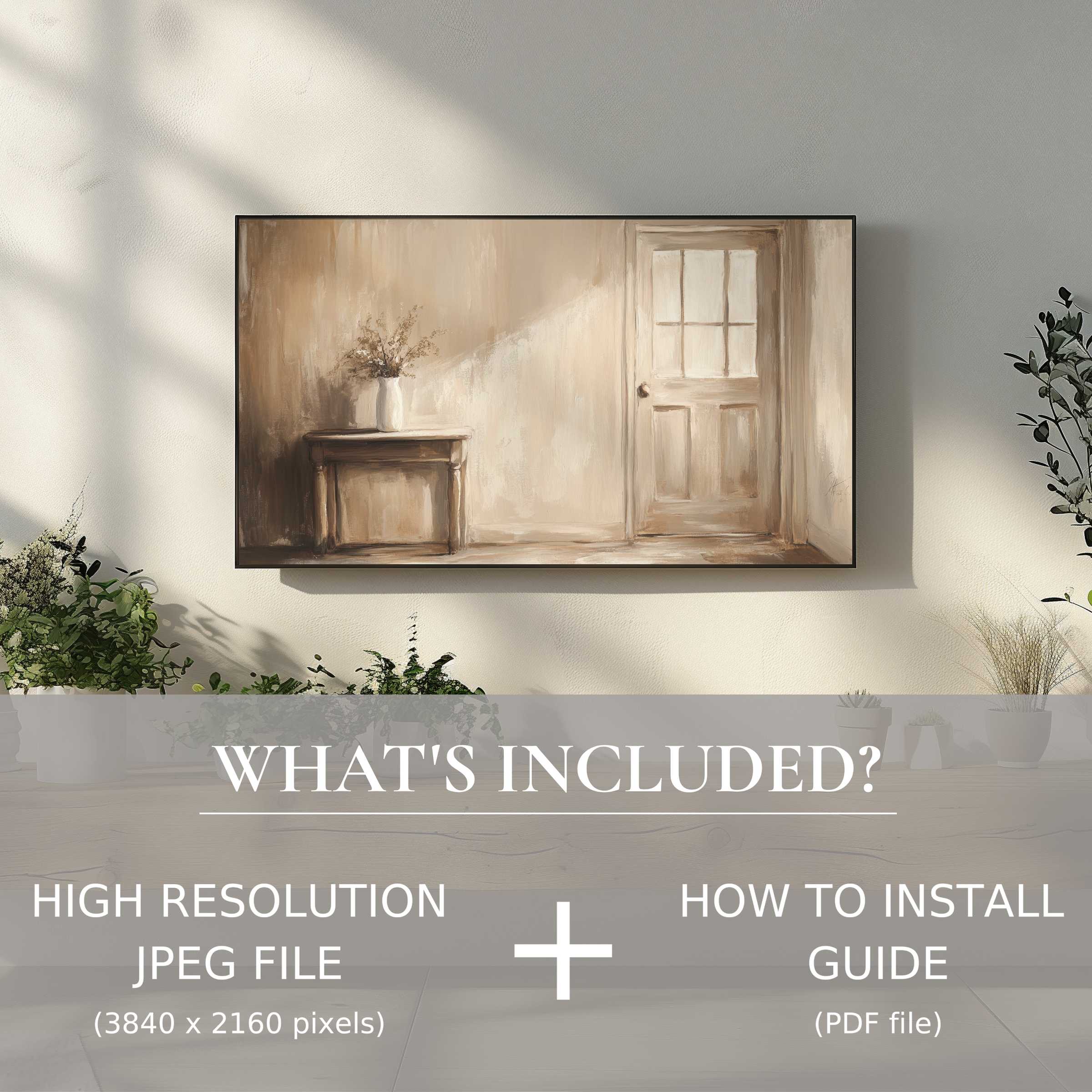 Elegant farmhouse digital TV art download, easy to use, enhances living space with warm, modern rustic charm