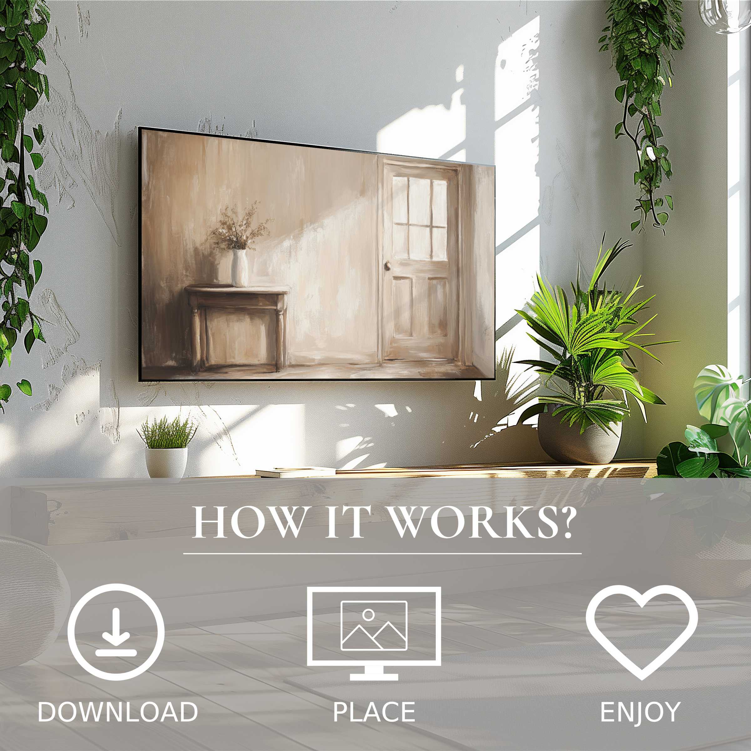Farmhouse art for Samsung TV in a bright room, soft beige tones, easy digital download enriches modern living spaces