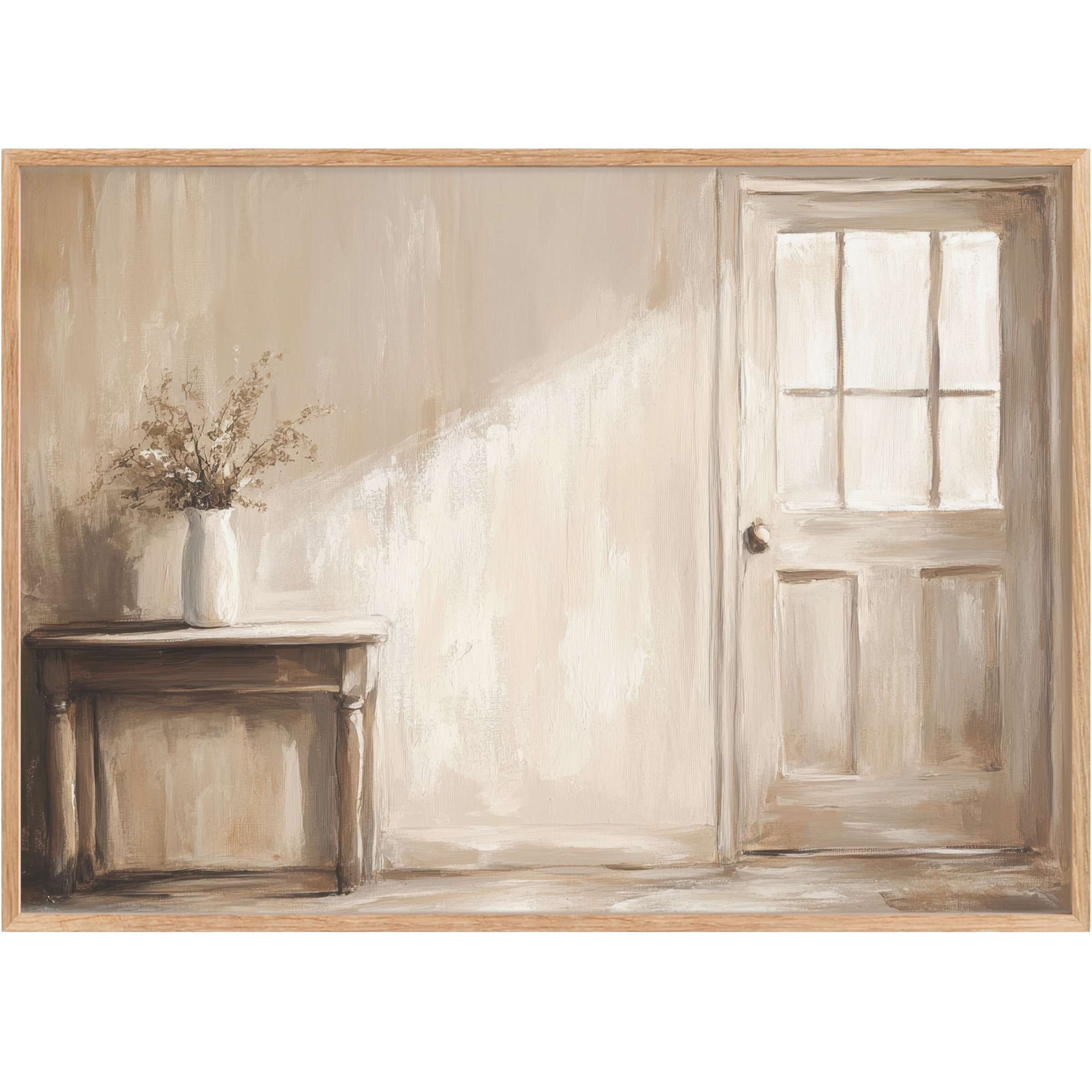 Serene farmhouse printable wall art in soft beige and cream tones, evoking warm, tranquil mornings and timeless elegance