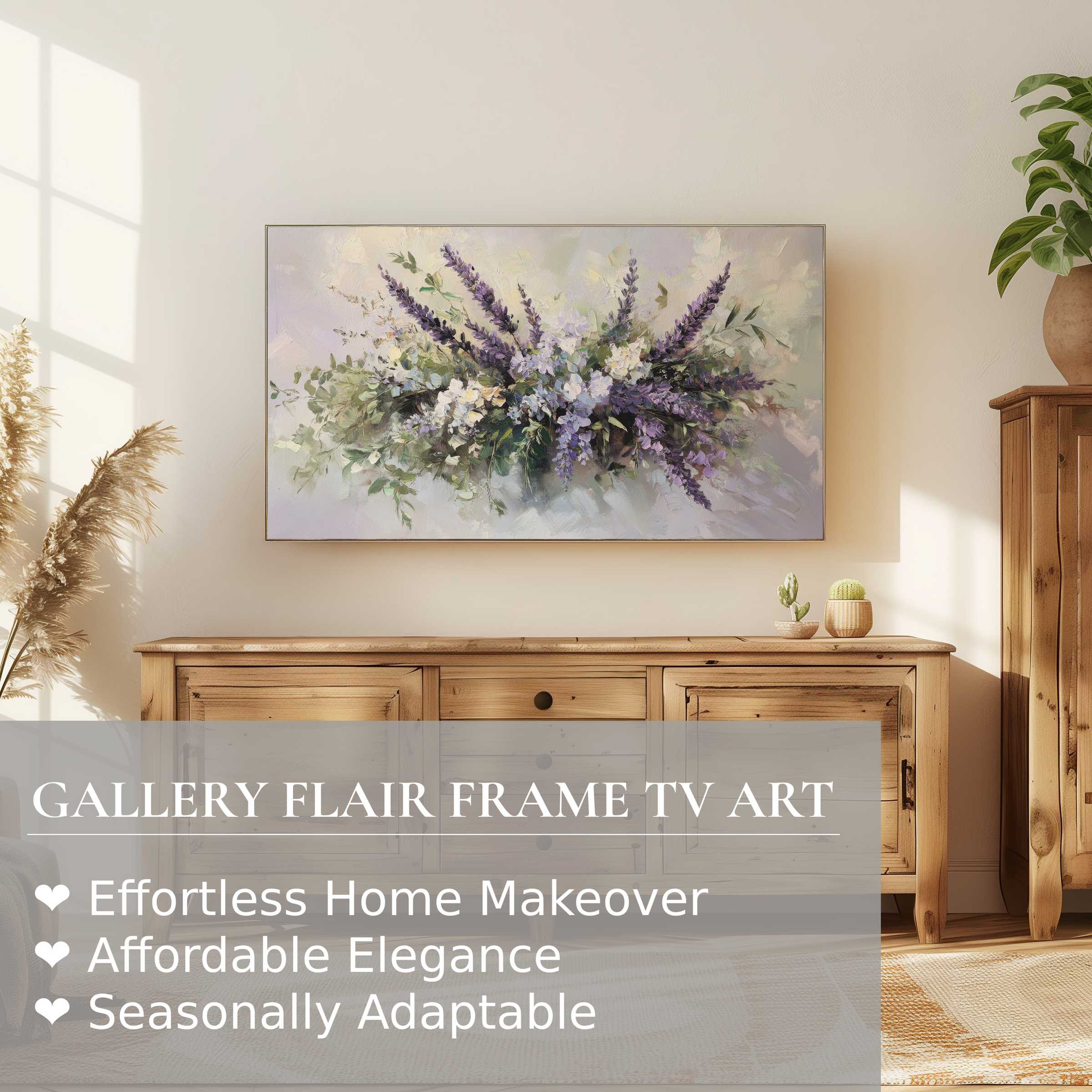 Samsung Frame TV displaying elegant floral digital artwork in a modern, sunlit, natural wood setting