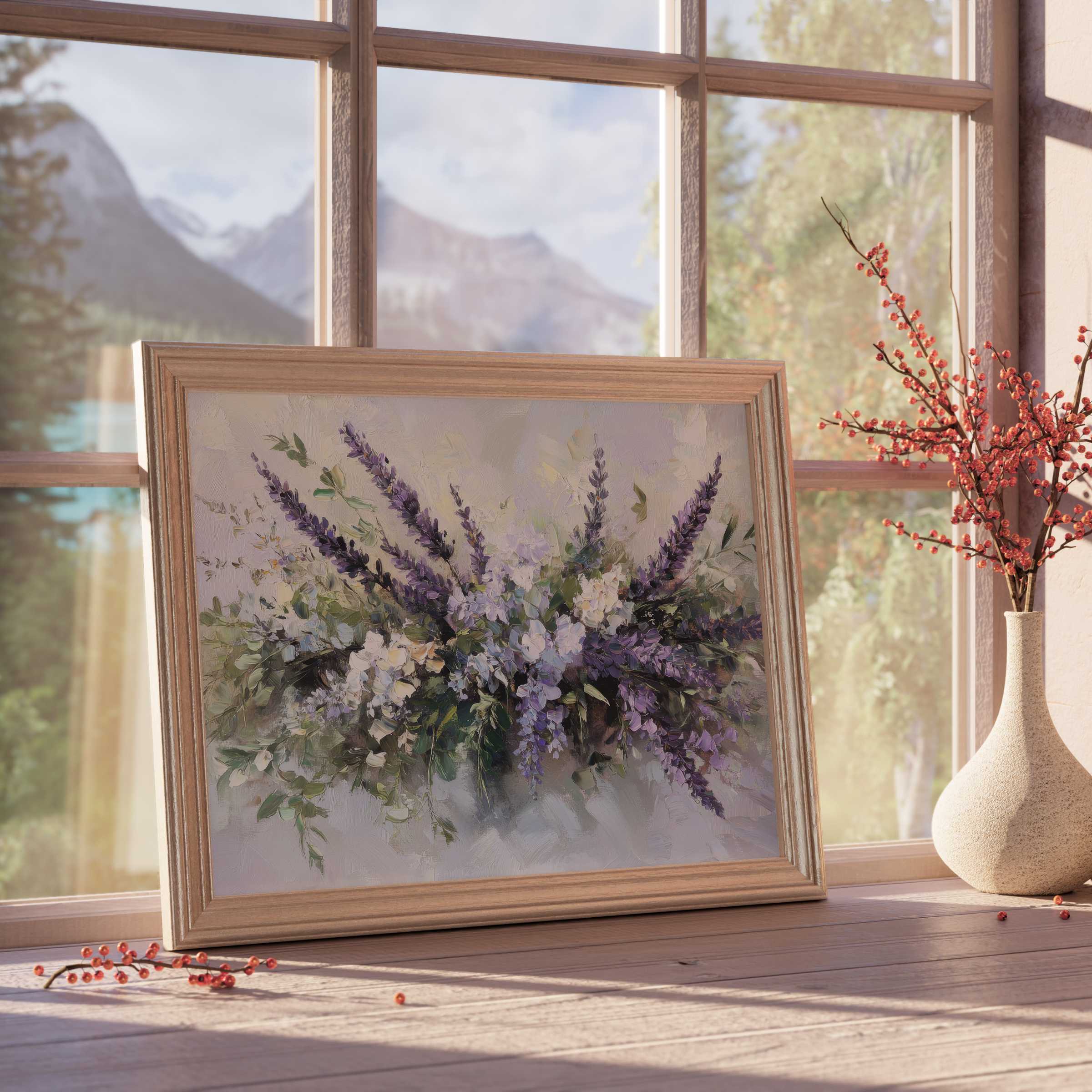 Elegant floral downloadable art with soft lavender and white blooms, enhancing serene, design-forward interiors with natural light and rustic charm