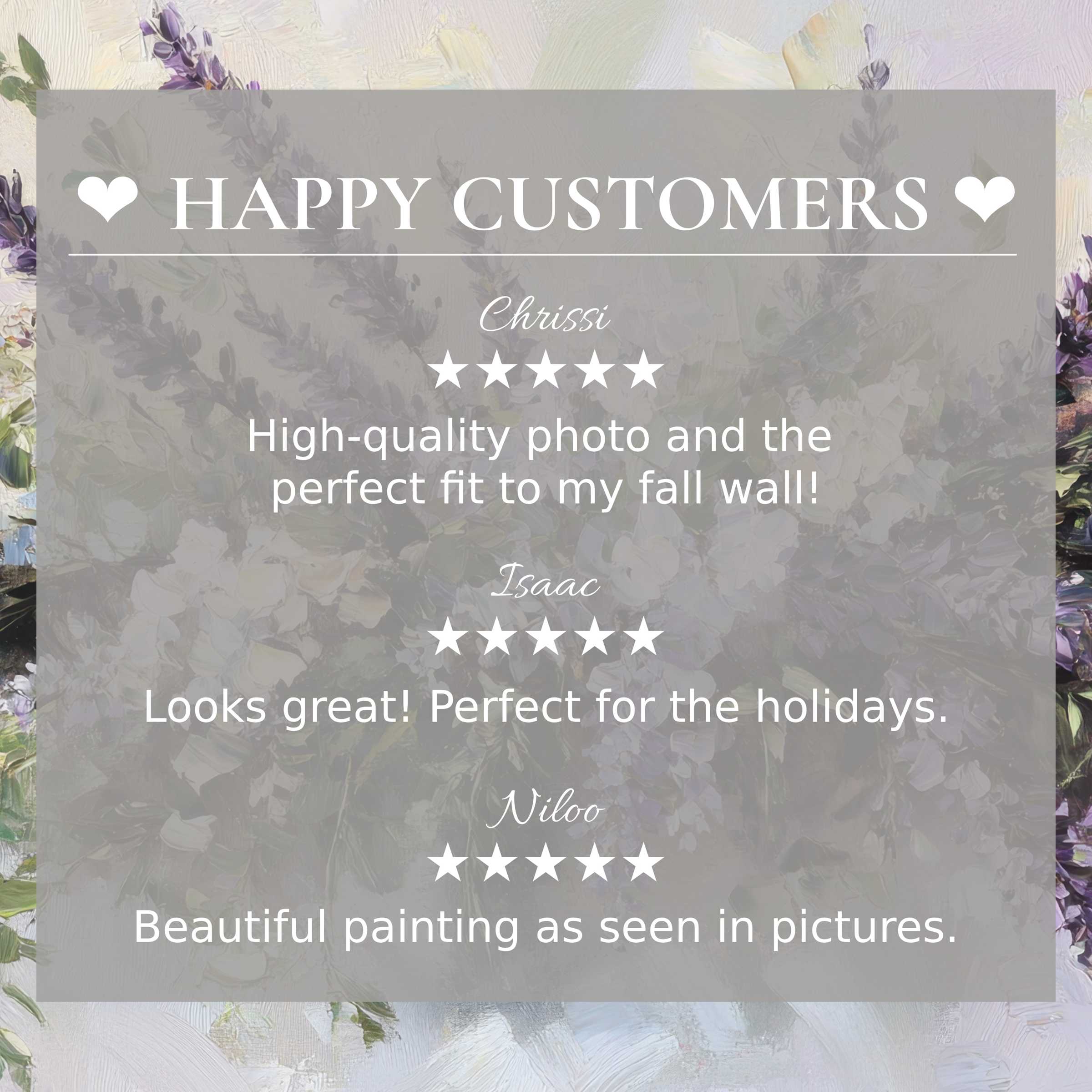 Floral art for Frame TV with soft lavender tones; happy customer reviews enhance trust and elegant appeal