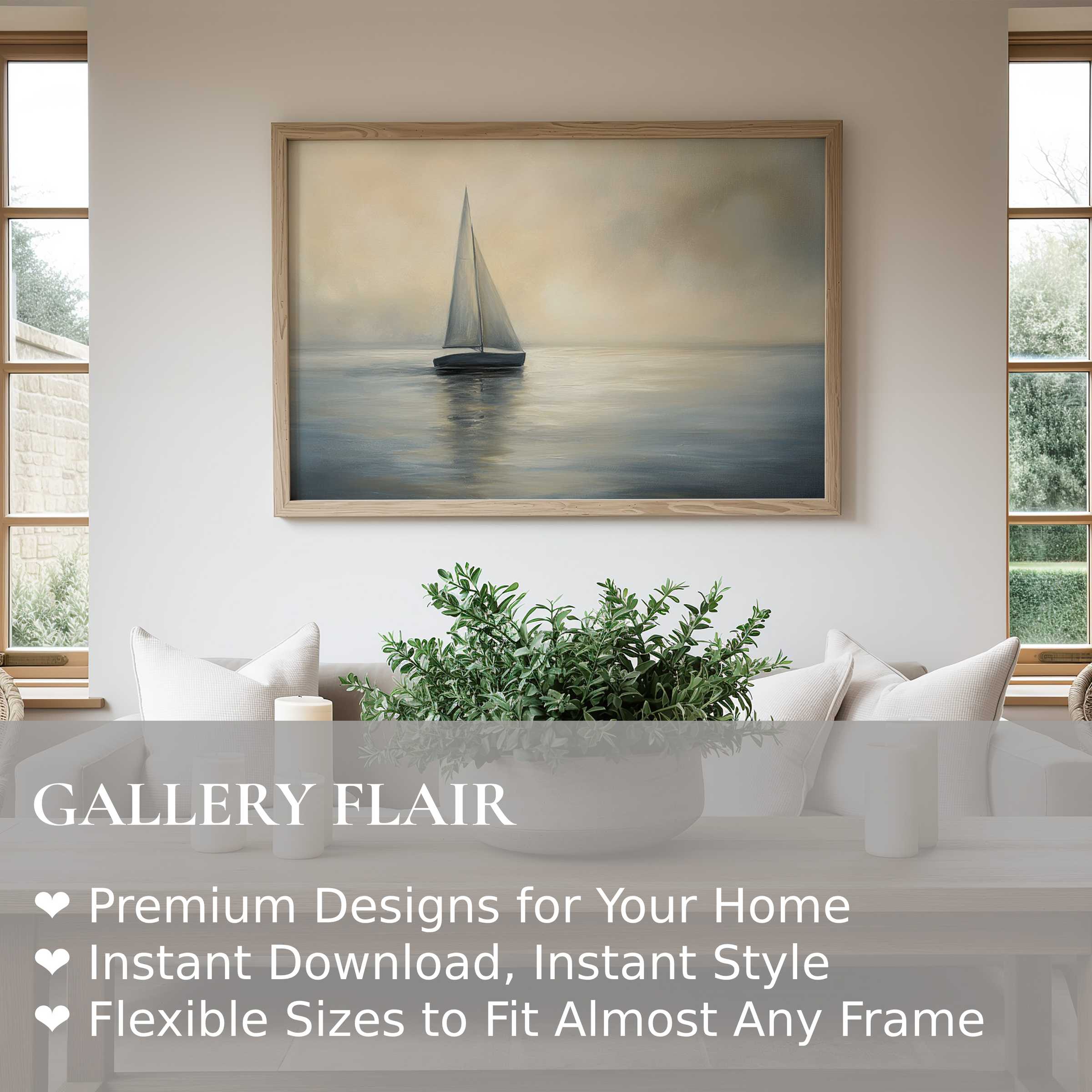 Coastal wall art print featuring a serene sailboat floating on calm waters, evoking soft, tranquil vibes Enhances minimalist, modern interiors with a soothing, radiant palette Ideal for elevating peaceful living spaces with refined coastal decor
