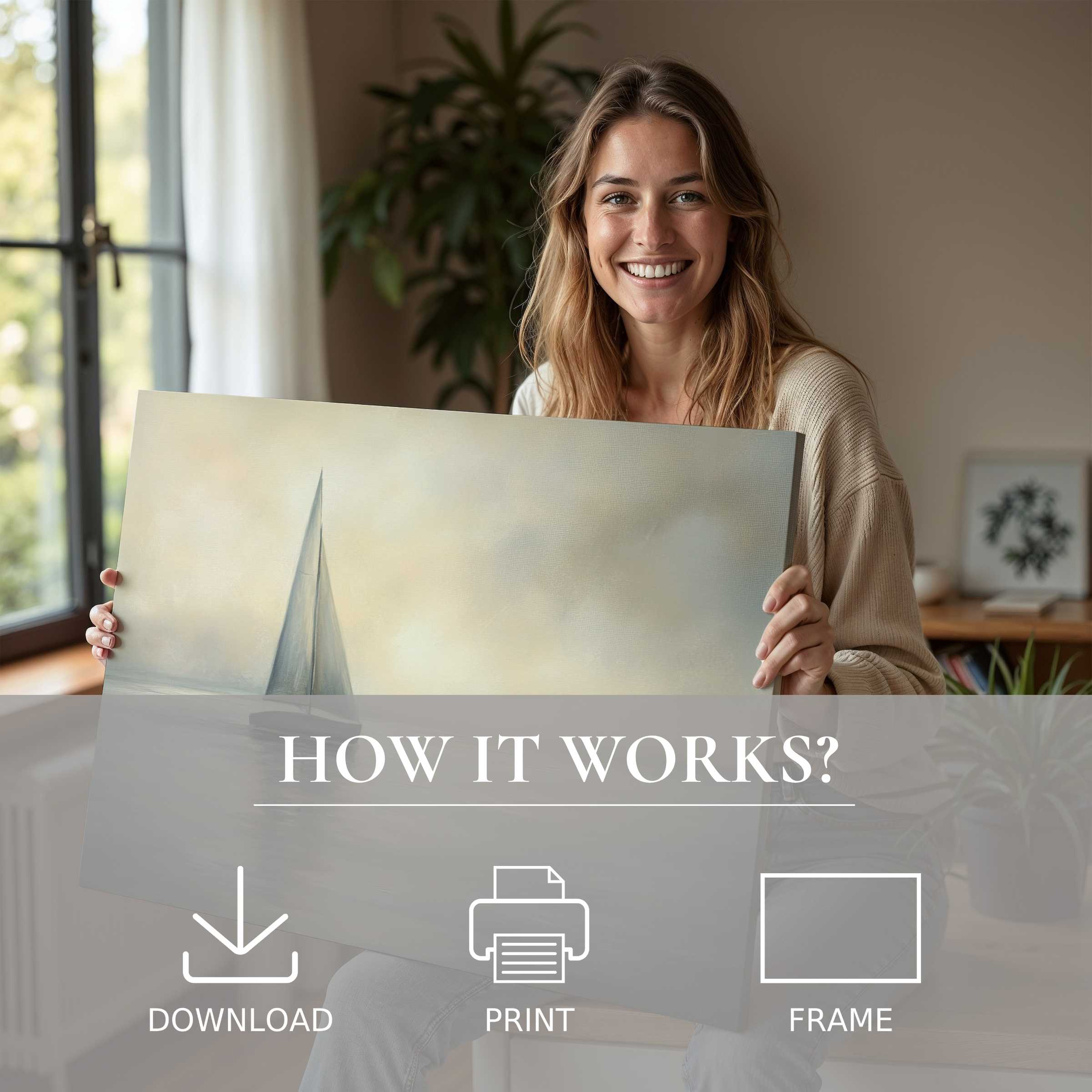 Coastal digital art print inspiring joy and warmth in a stylish home, blending serene tones with effortless elegance