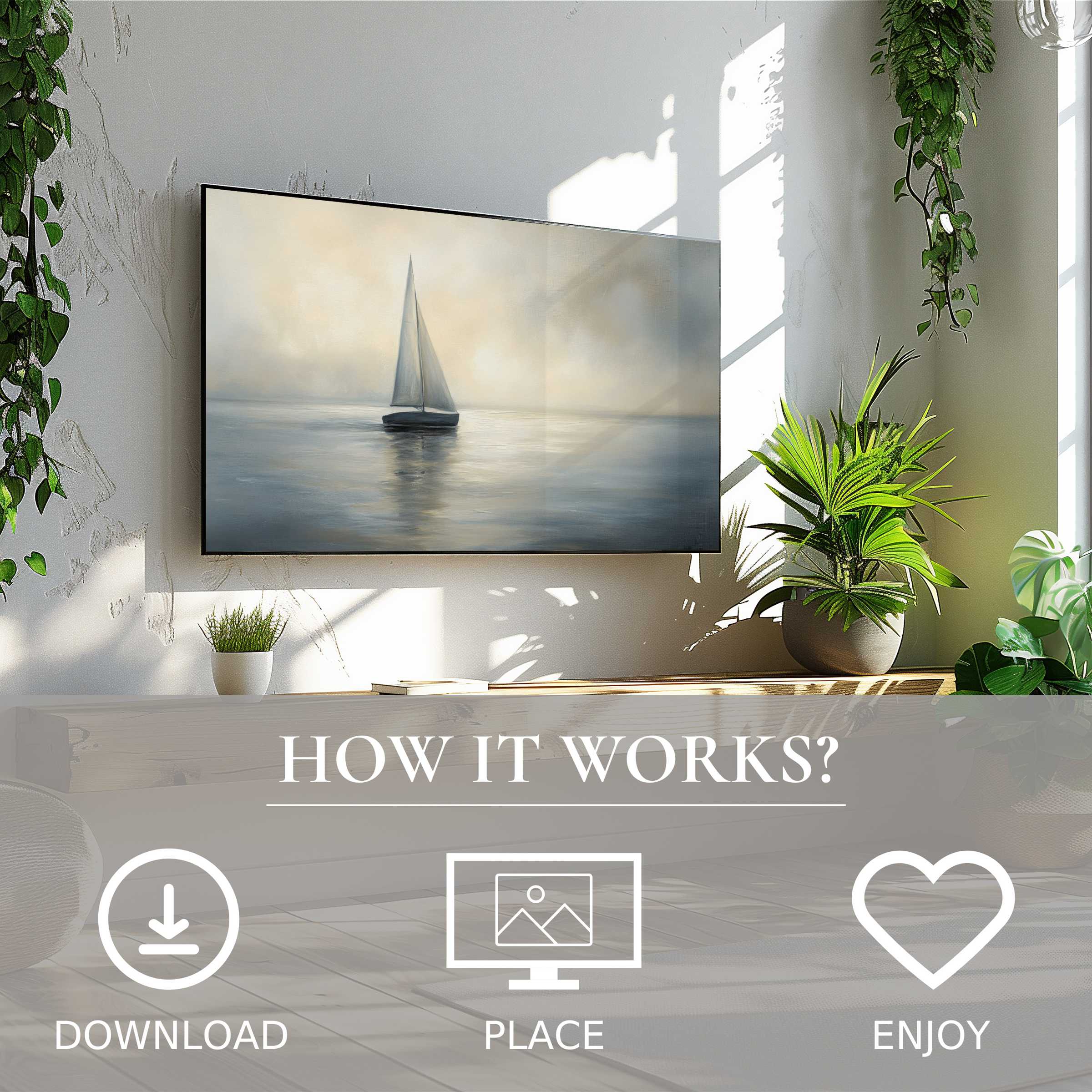 Coastal art for Samsung TV shows soft sunset tones on Frame TV, easy digital download enriching stylish living spaces