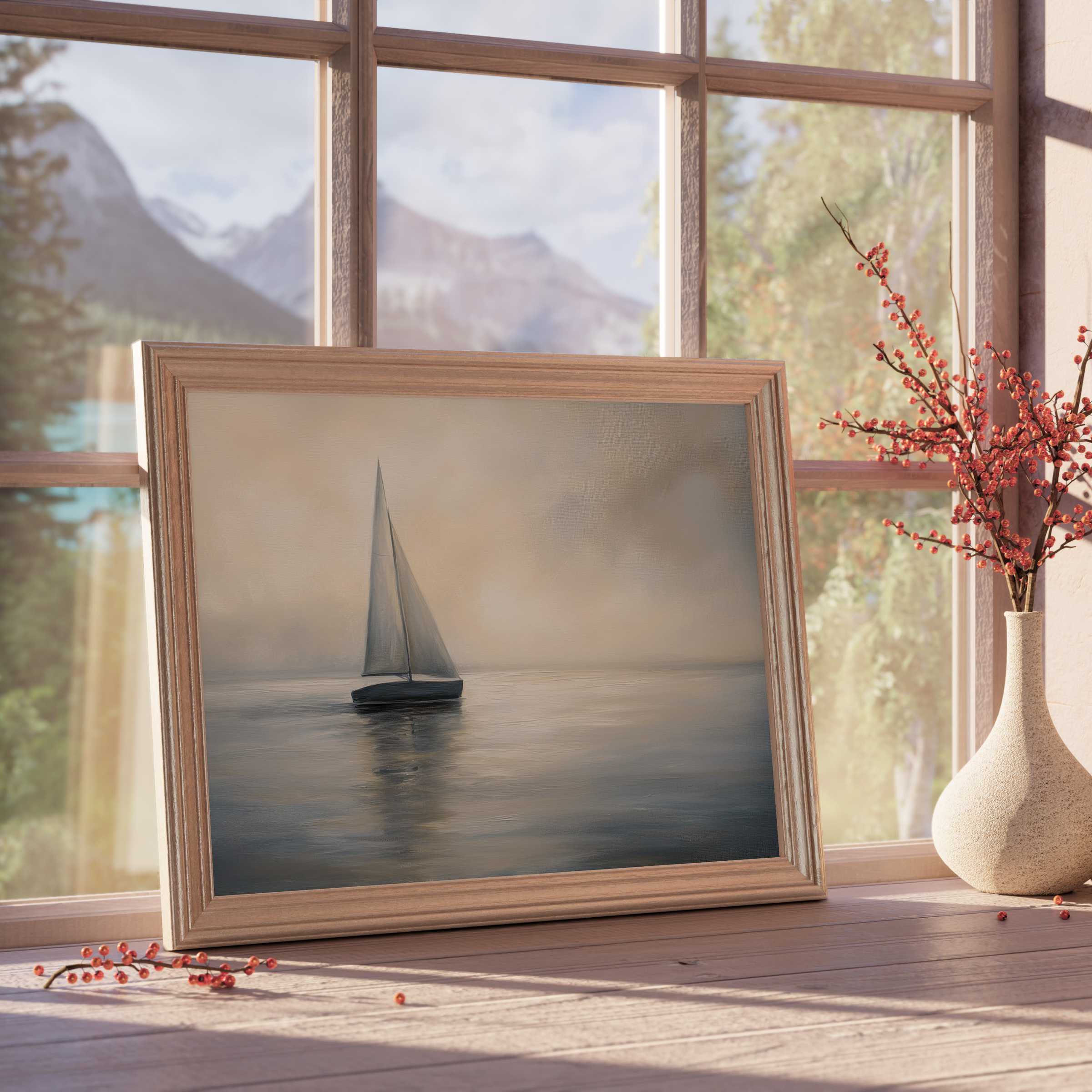 Coastal downloadable art capturing serene sailboat tranquility, enhancing elegant, calm, and curated modern interiors