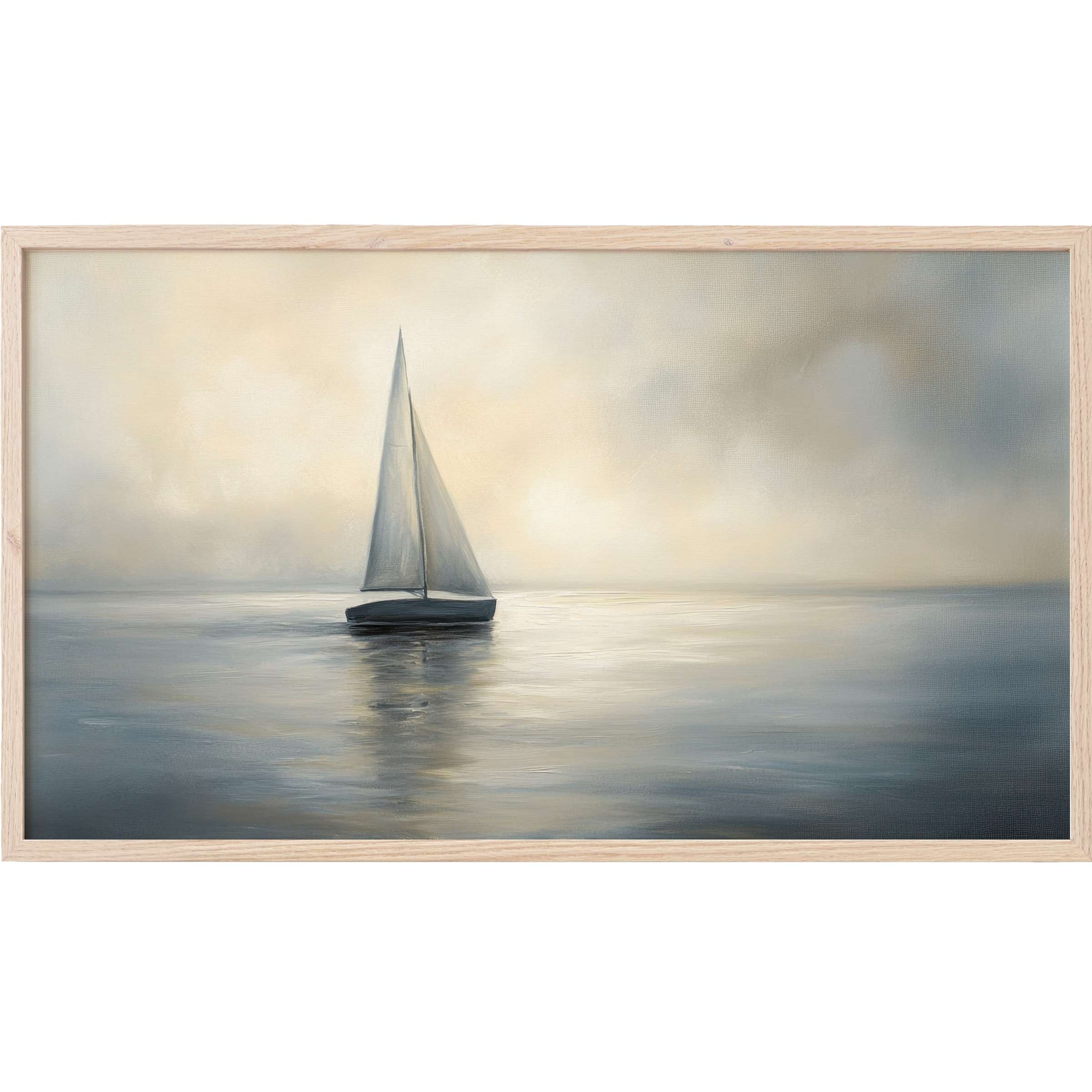 Serene sailboat at dawn in muted blues and grays, embodying coastal Frame TV Art with modern elegance
