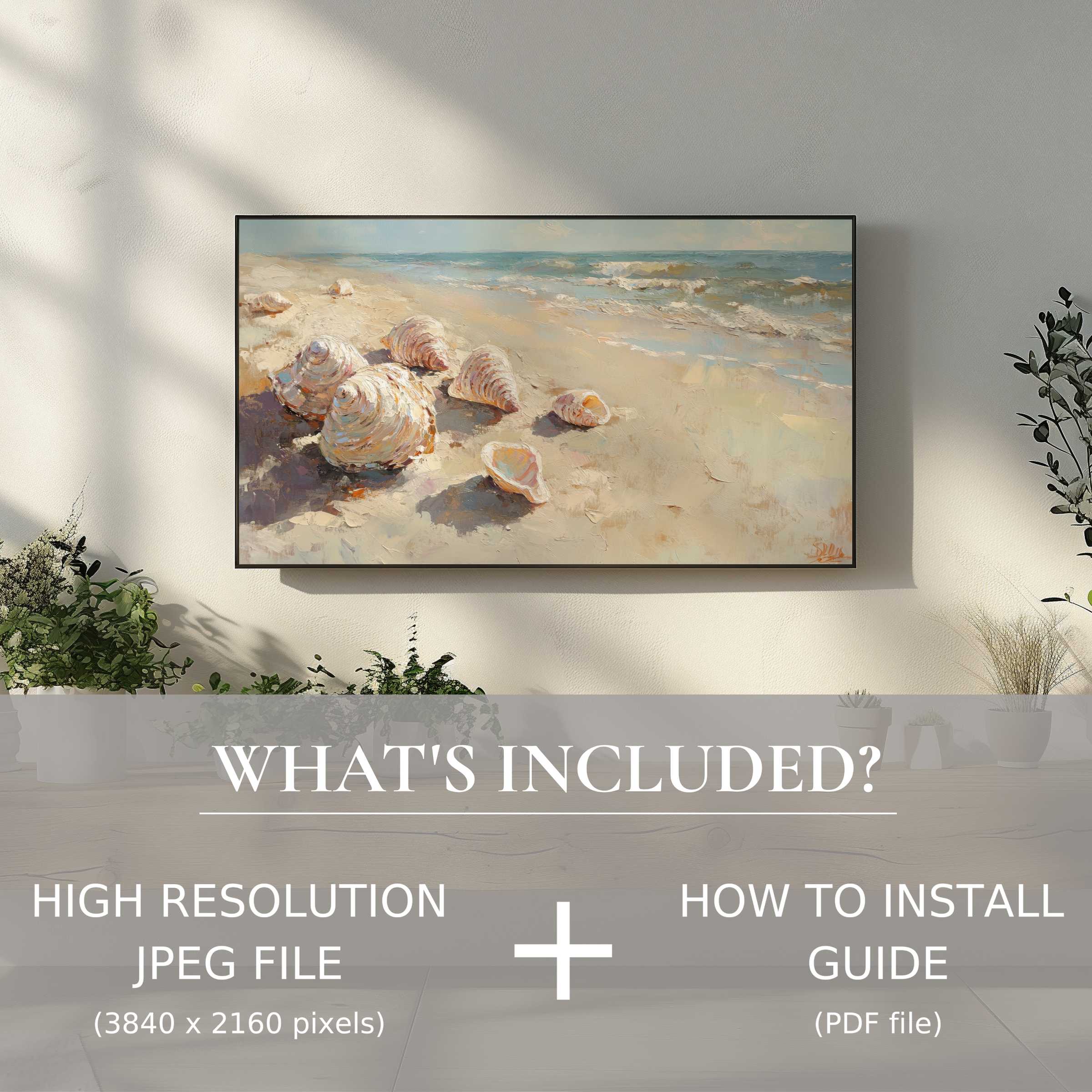 Elegant summer digital TV art download depicting seashells on shore, easy to install, enhances sophisticated living spaces effortlessly