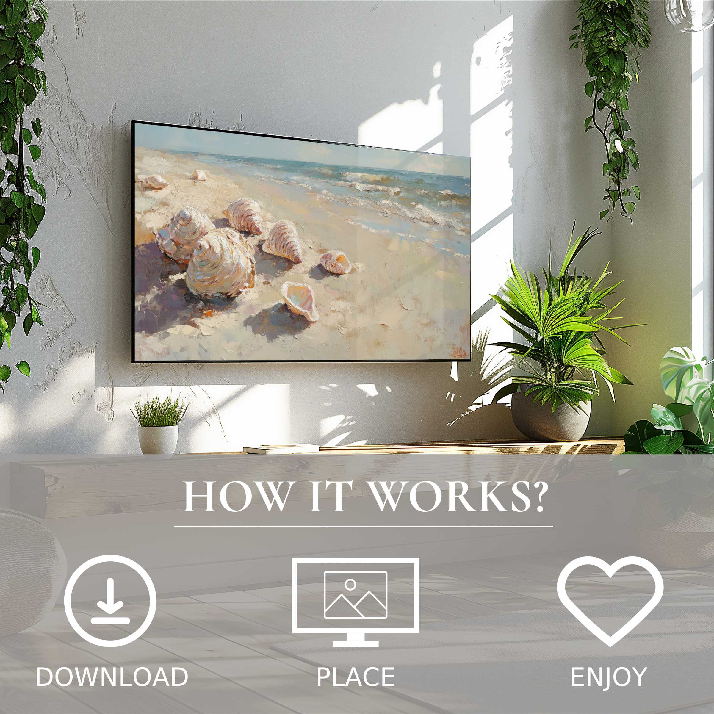 Summer art for Samsung TV shows soft seashells on a beach; easy digital download enhances modern, green living spaces