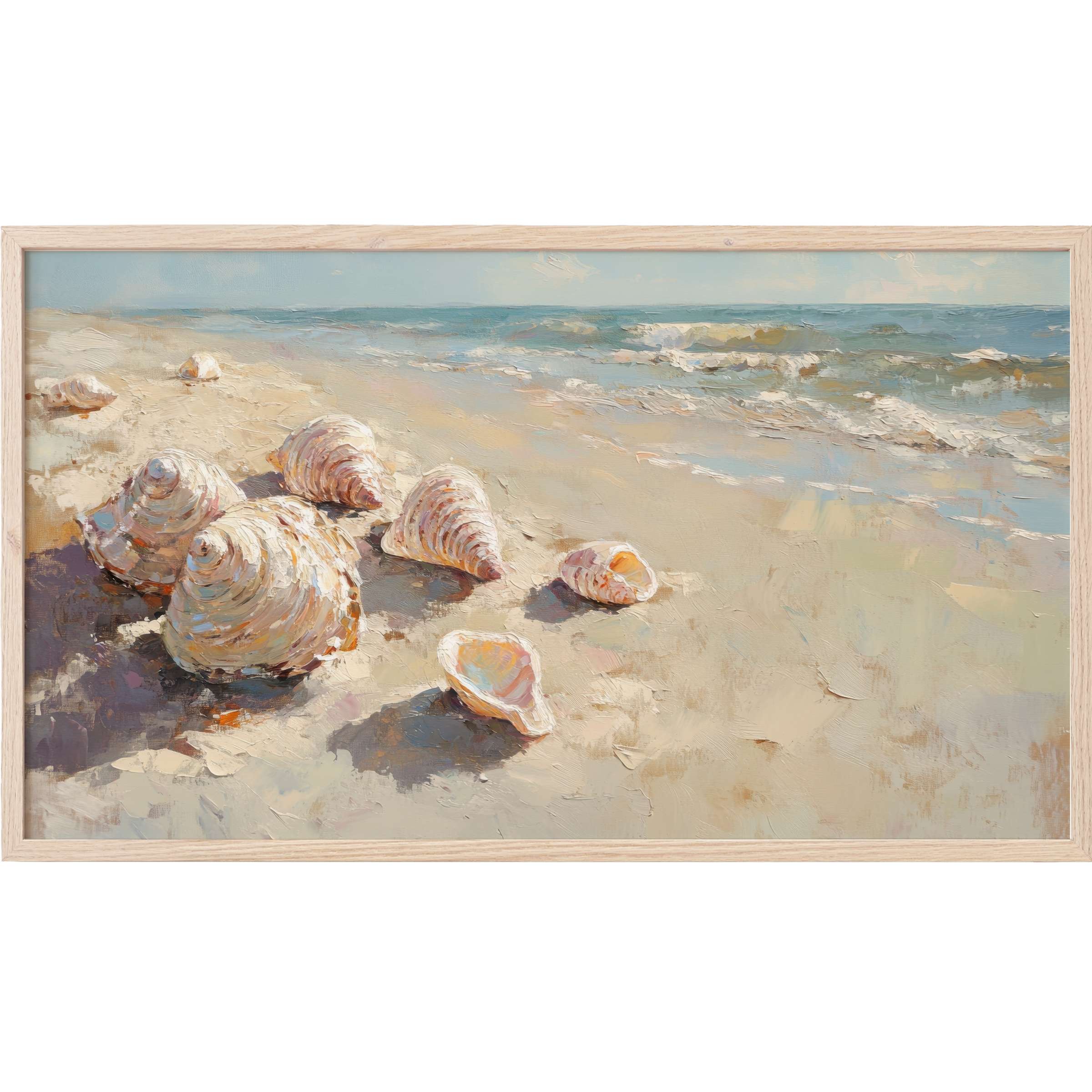 Elegant coastal scene of seashells on sandy shore with soft blues and creams, a refined summer Frame TV Art