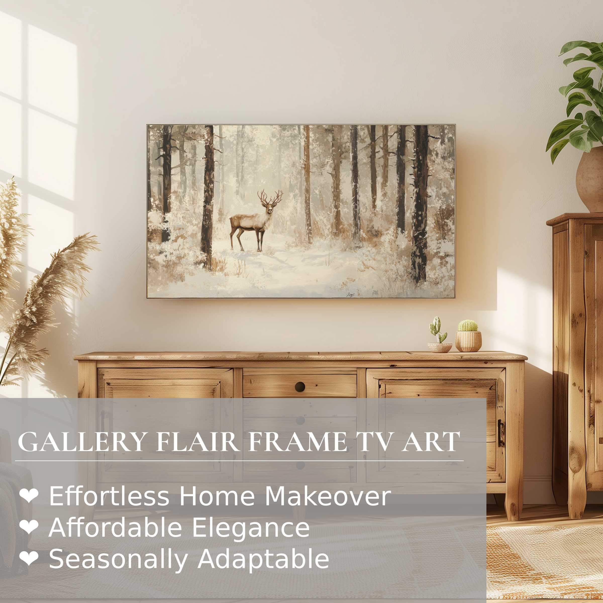 Samsung Frame TV displays serene christmas digital artwork of a winter forest with a stag, complementing modern decor