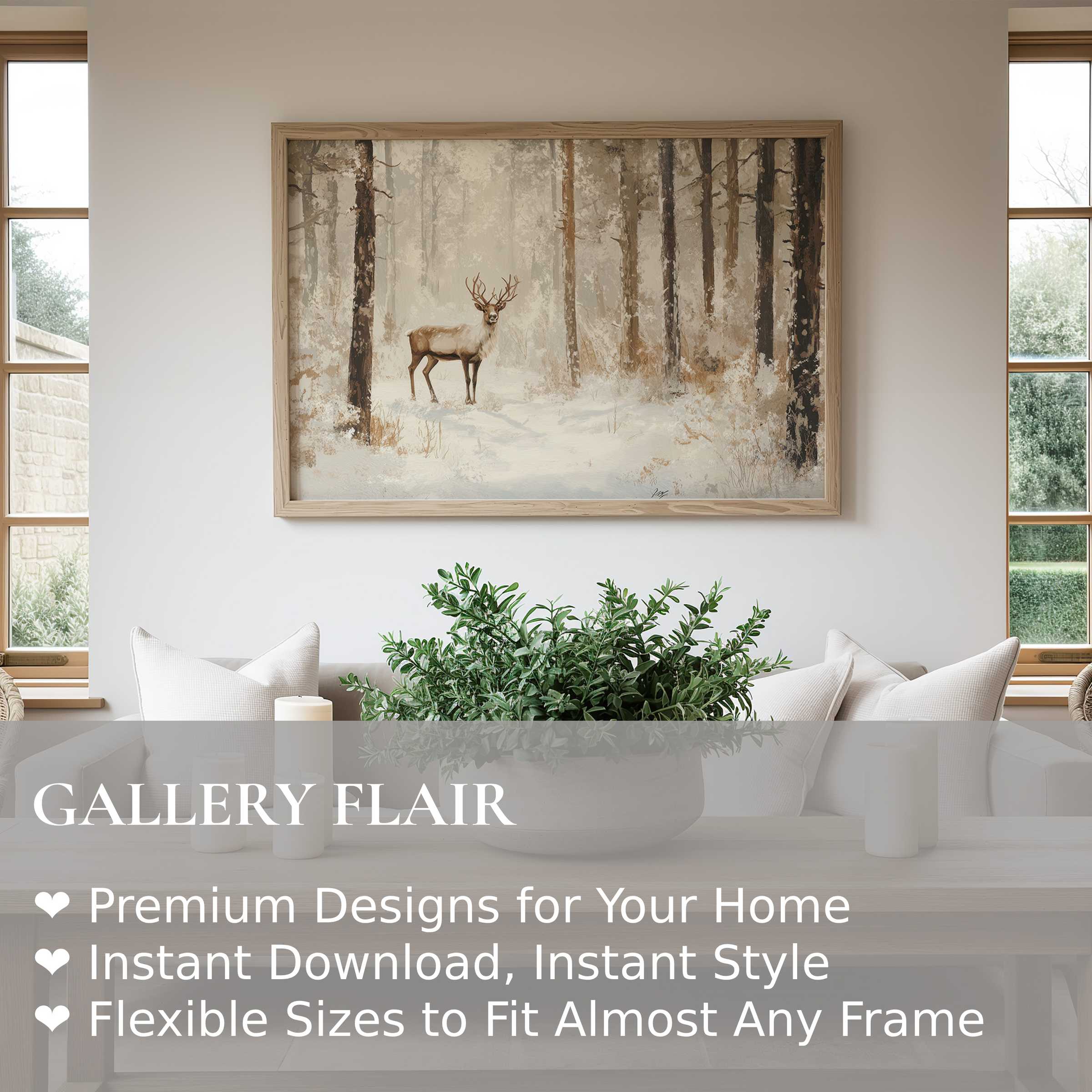 Christmas wall art print featuring a serene winter forest scene with a majestic stag, enhancing modern minimalist interiors with calm, natural elegance
