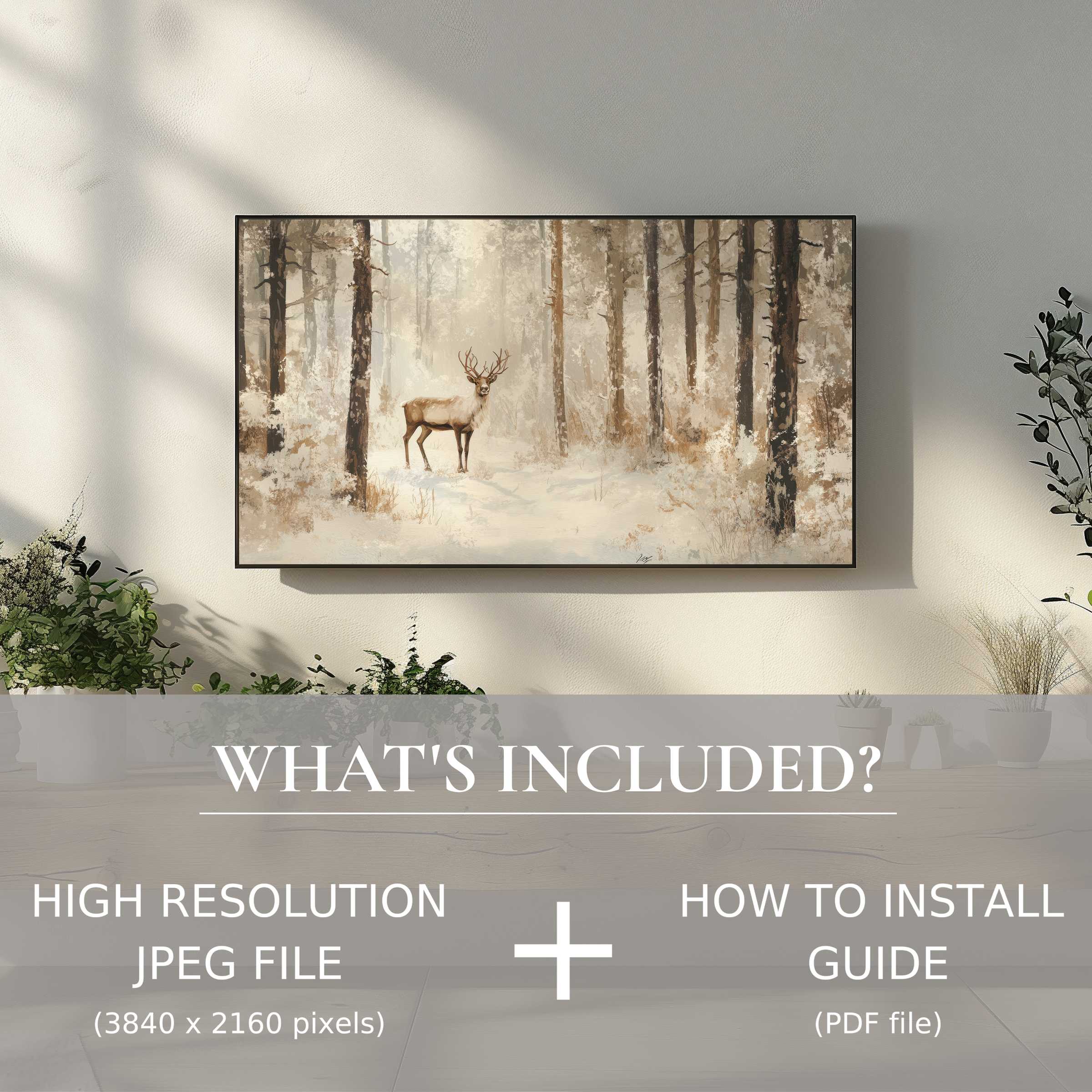 Elegant christmas digital TV art download showing a serene deer in snow, easy digital install enriches any modern living space