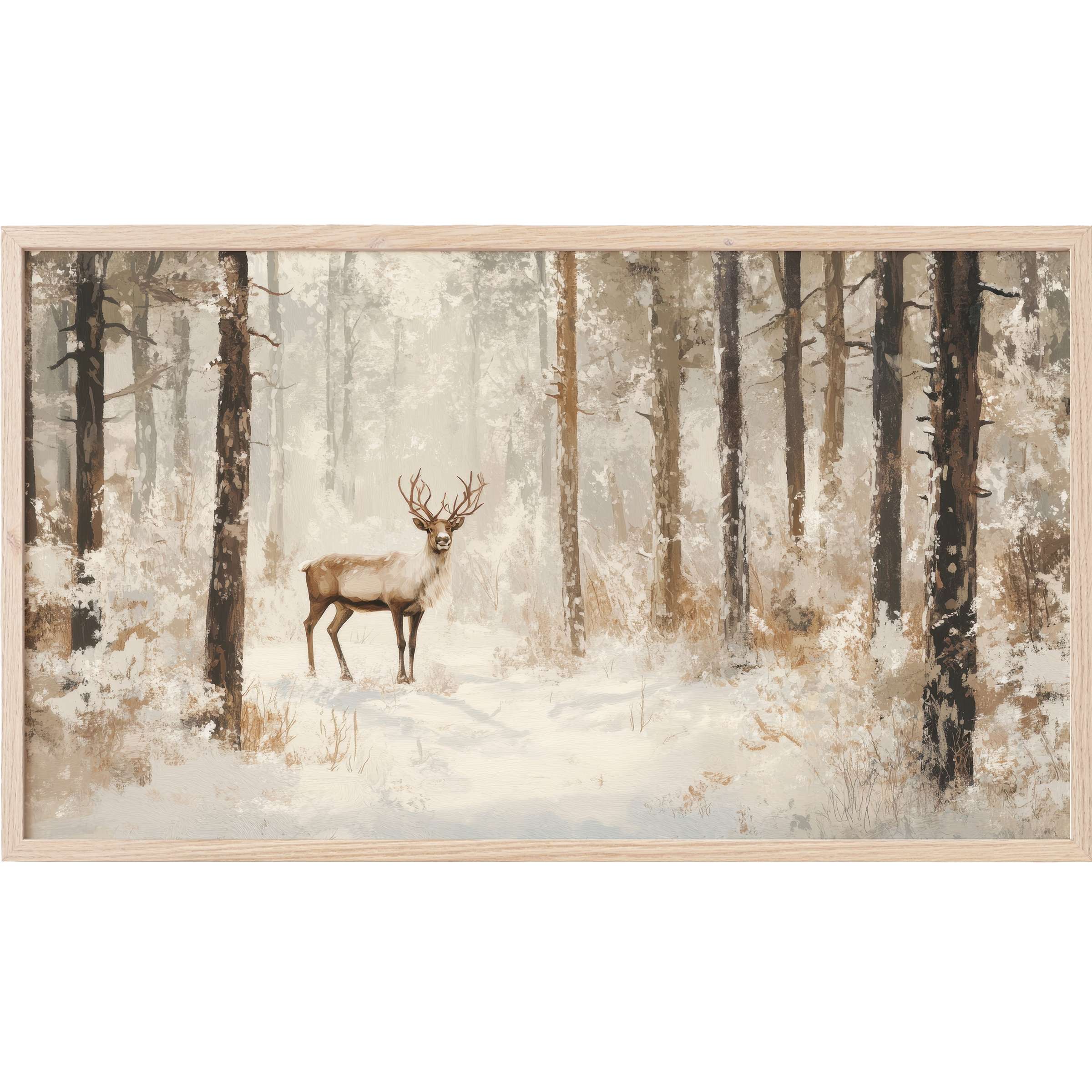 Elegant winter forest scene with a lone stag in muted beige tones, perfect christmas Frame TV Art