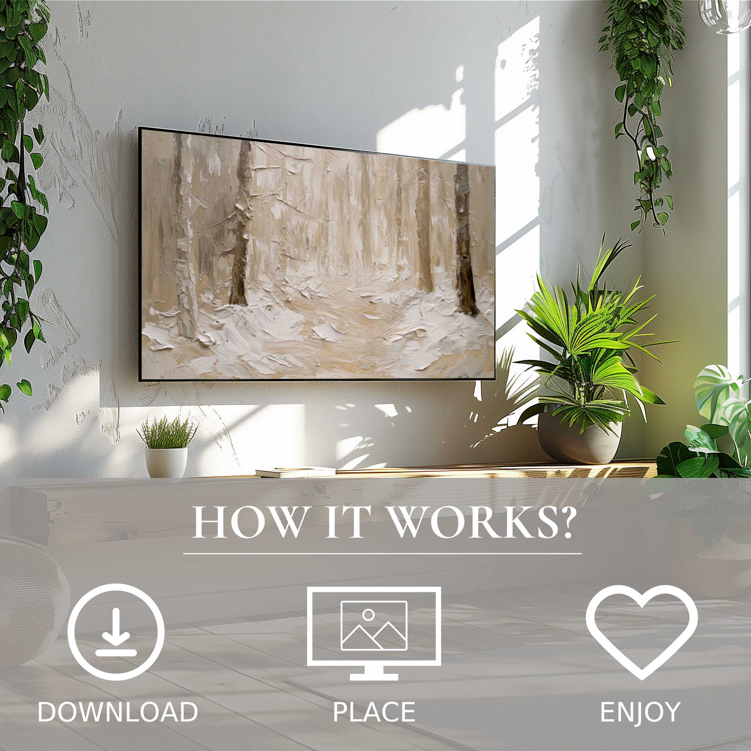 spring art for Samsung TV shows a soft, textured forest scene; easy digital download enhances modern living spaces