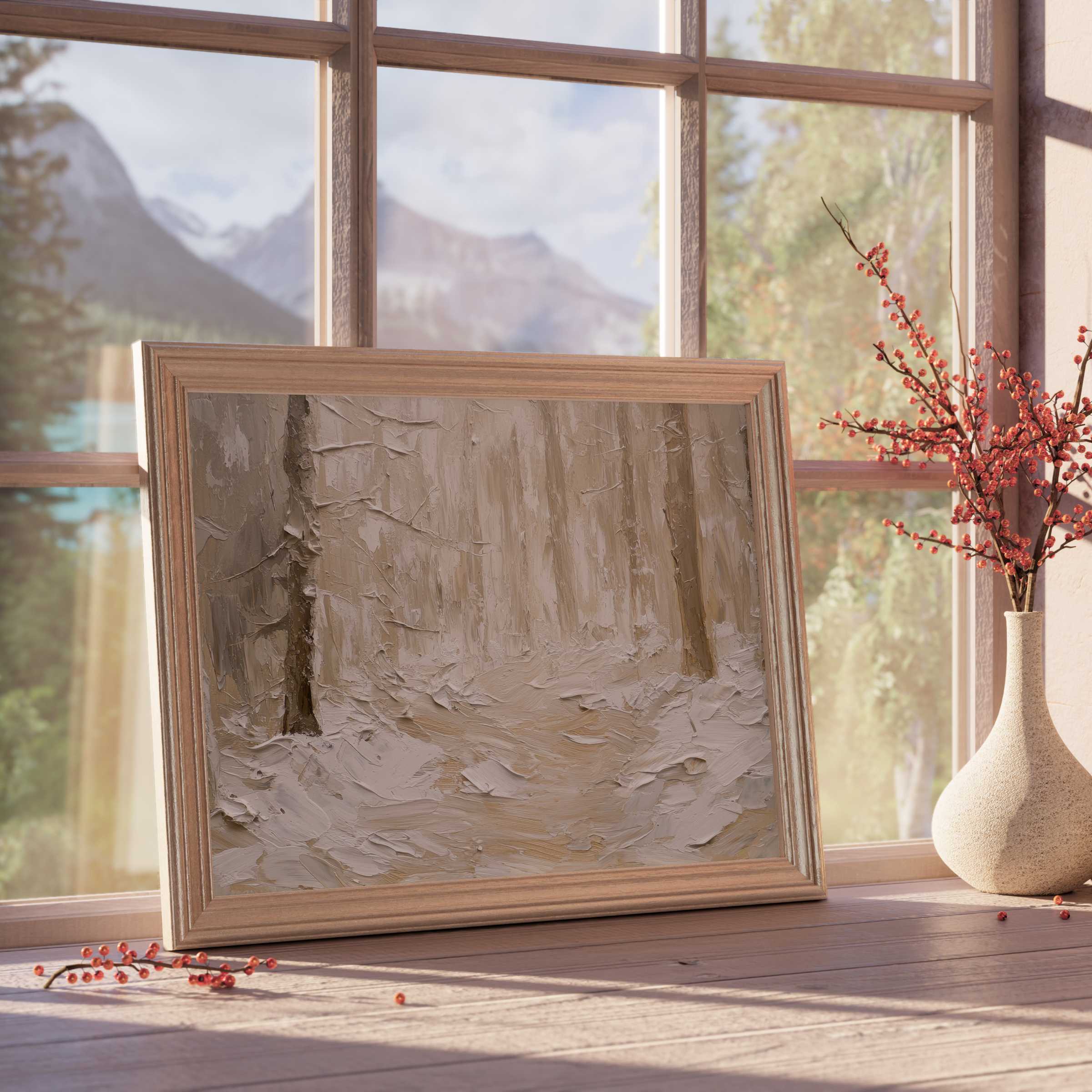 Spring downloadable art depicting a serene forest path in muted tones, perfect for curated, tranquil interiors