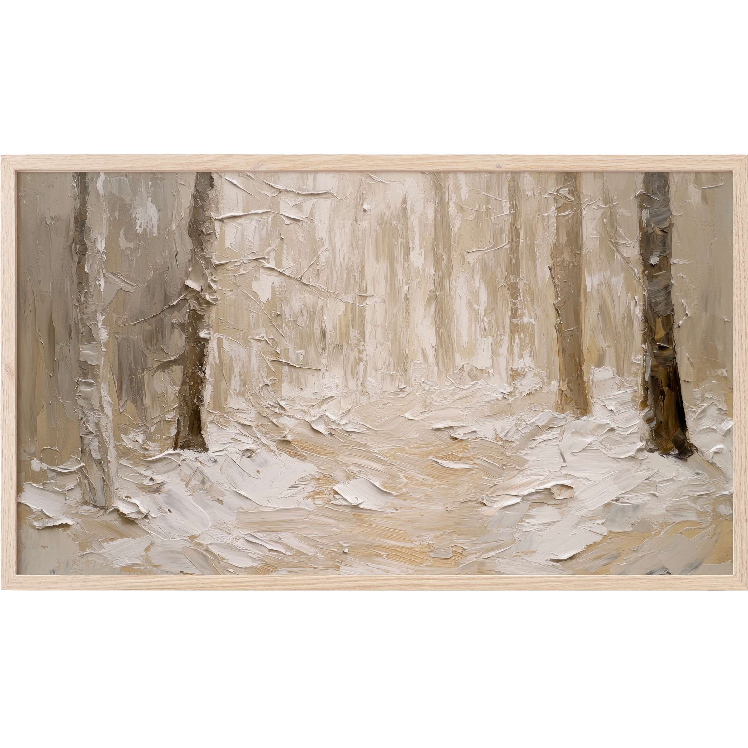 Spring Frame TV Art depicts a textured winter forest path in muted beiges and creams, perfect for elegant modern decor