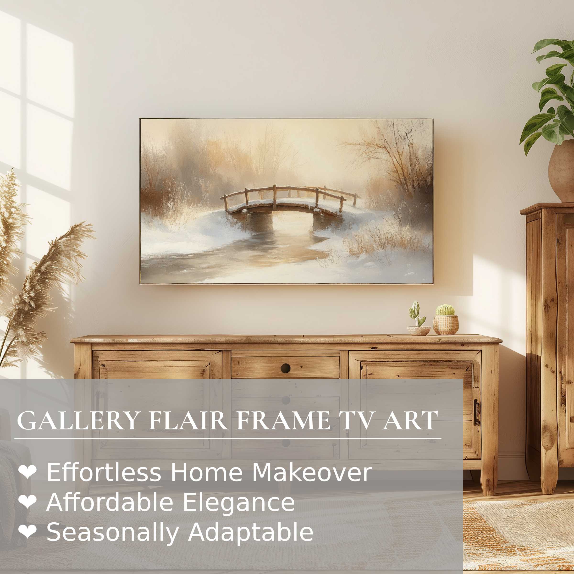 Samsung Frame TV displaying serene winter digital artwork of a snowy bridge, perfect for refined home decor