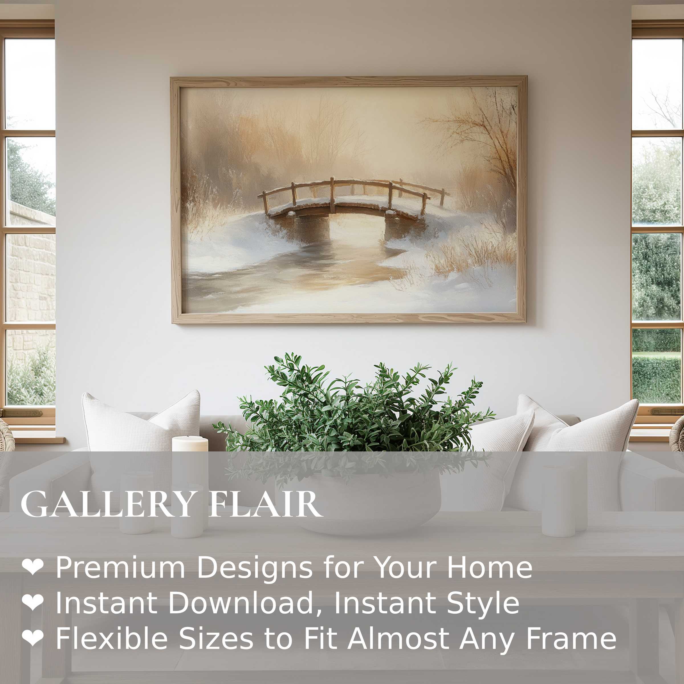 Winter wall art print featuring a serene snow-covered bridge and soft, radiant light, enriching modern minimalist interiors with calming elegance