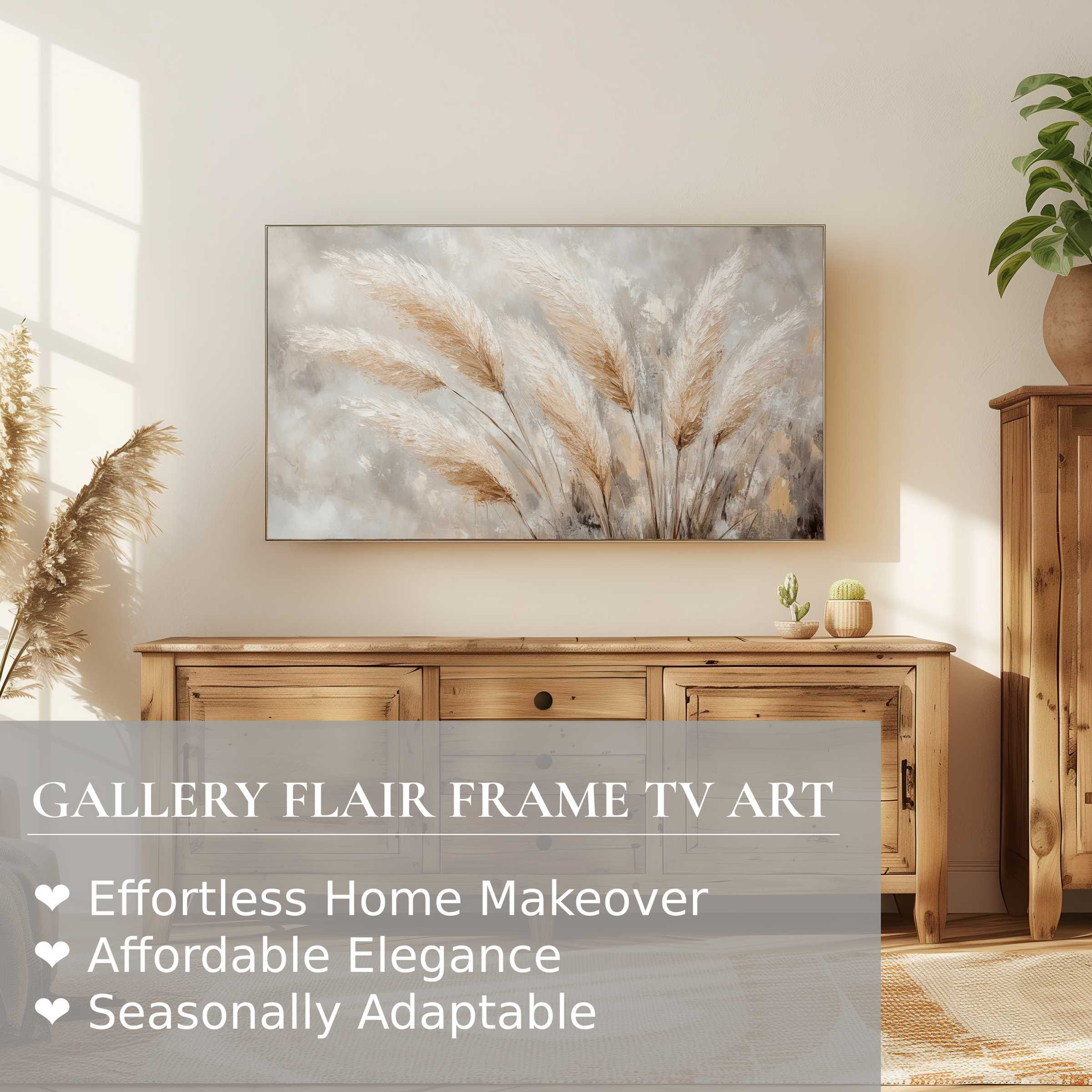 Samsung Frame TV showcasing boho digital artwork of soft pampas grass in a serene, modern natural wood interior