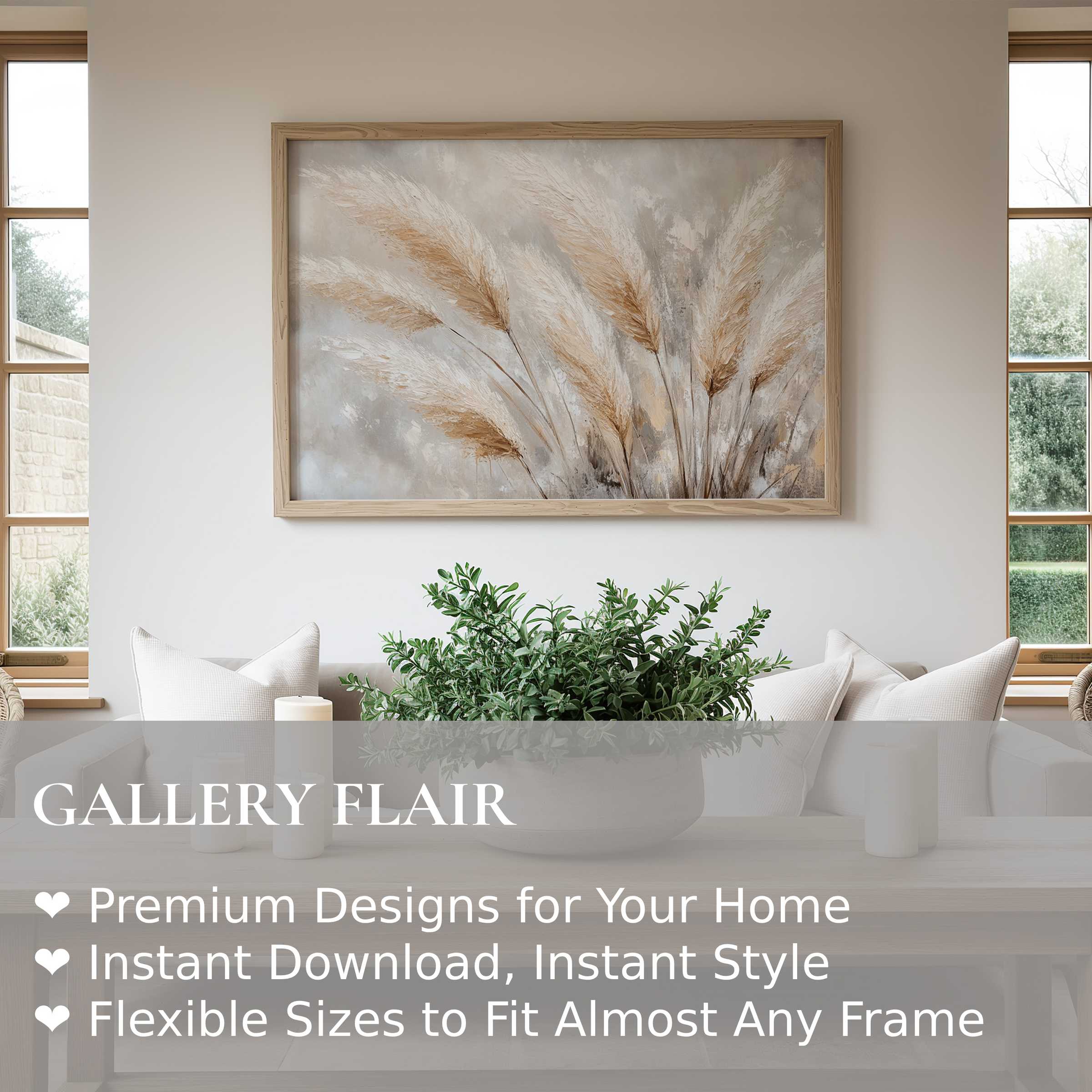 Boho wall art print featuring soft pampas grass in neutral tones, enhancing serene, modern rustic interiors with natural elegance