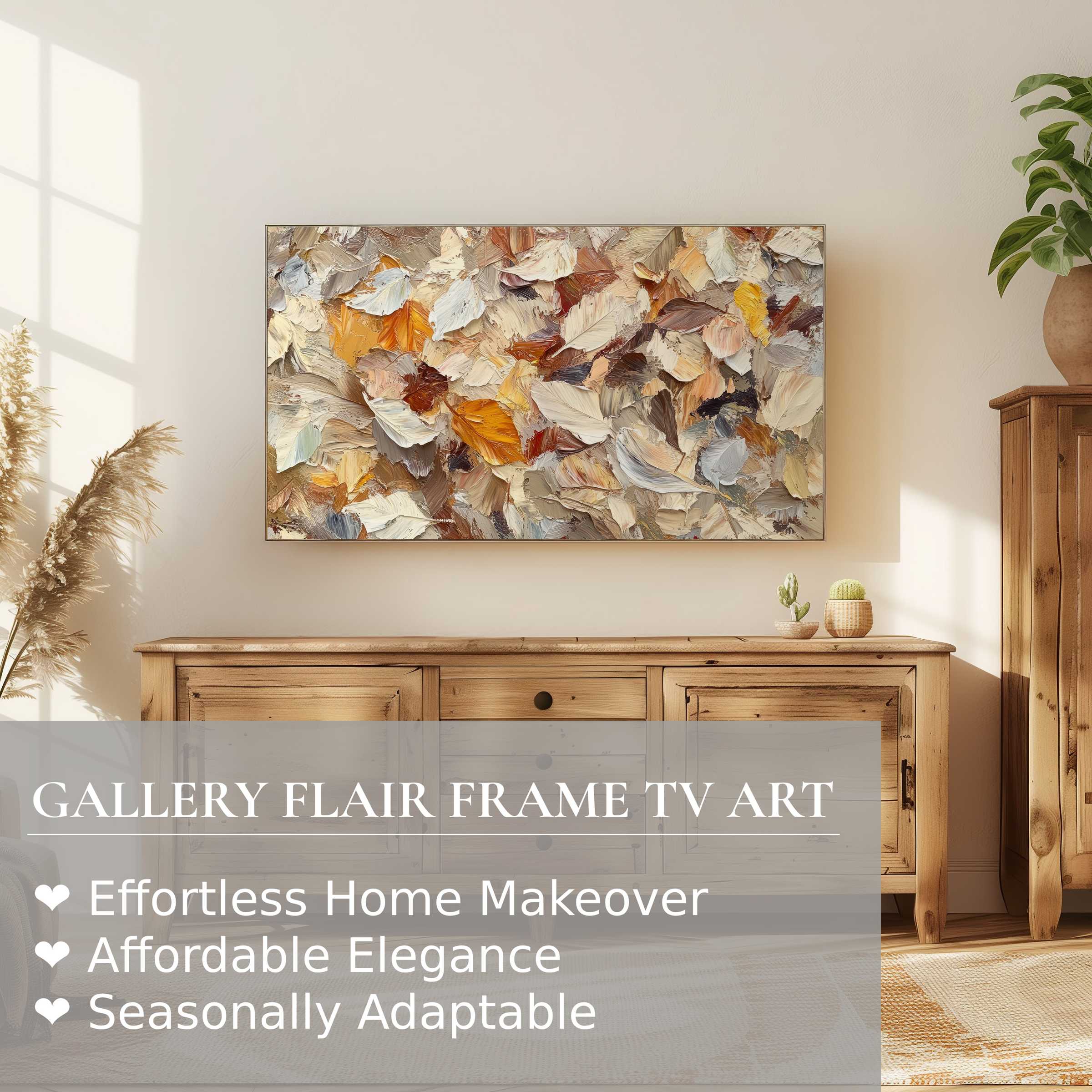 Samsung Frame TV displays fall digital artwork in warm tones, blending modern elegance with natural, cozy home decor