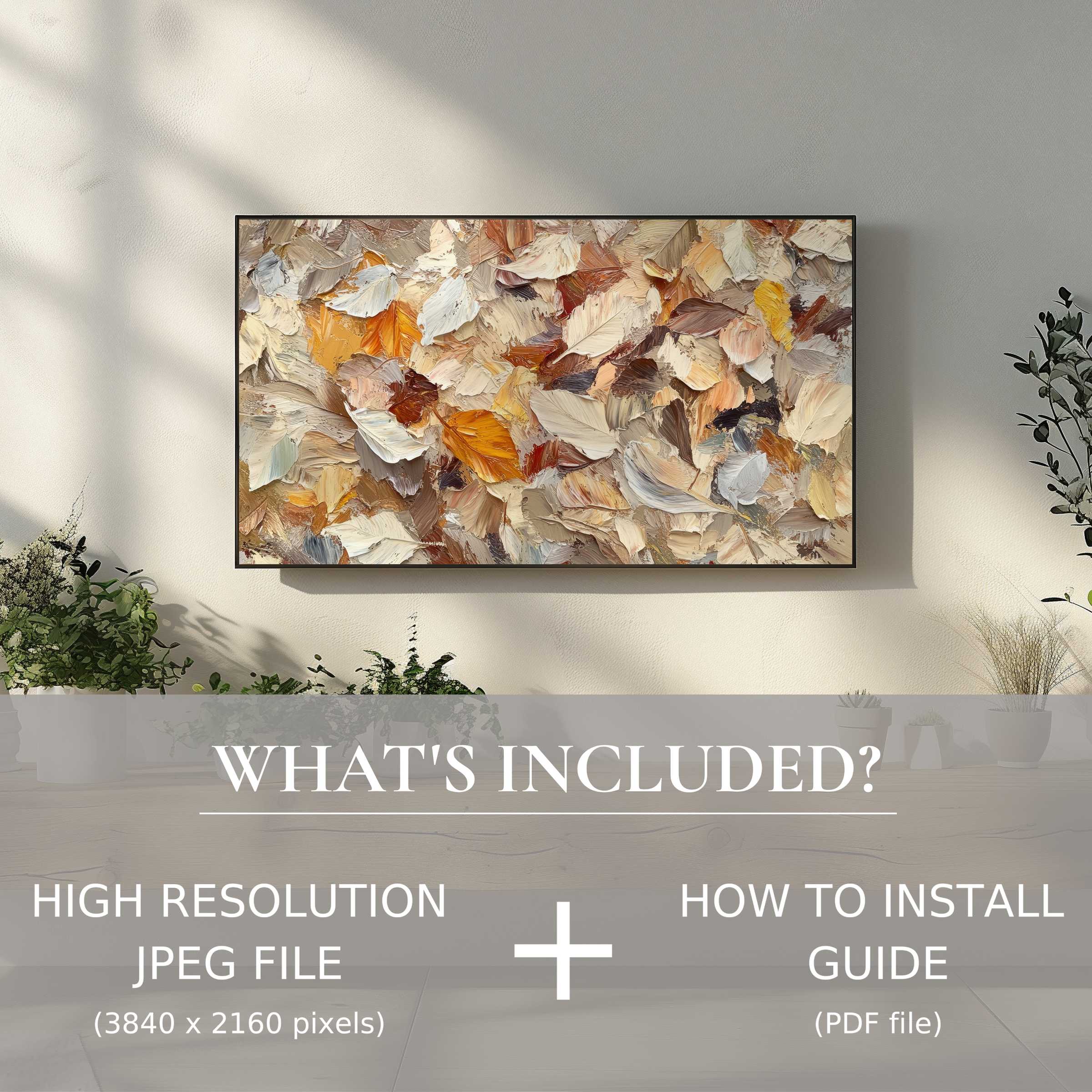 Elegant fall digital TV art download featuring textured leaves, easy digital use enhances modern living spaces