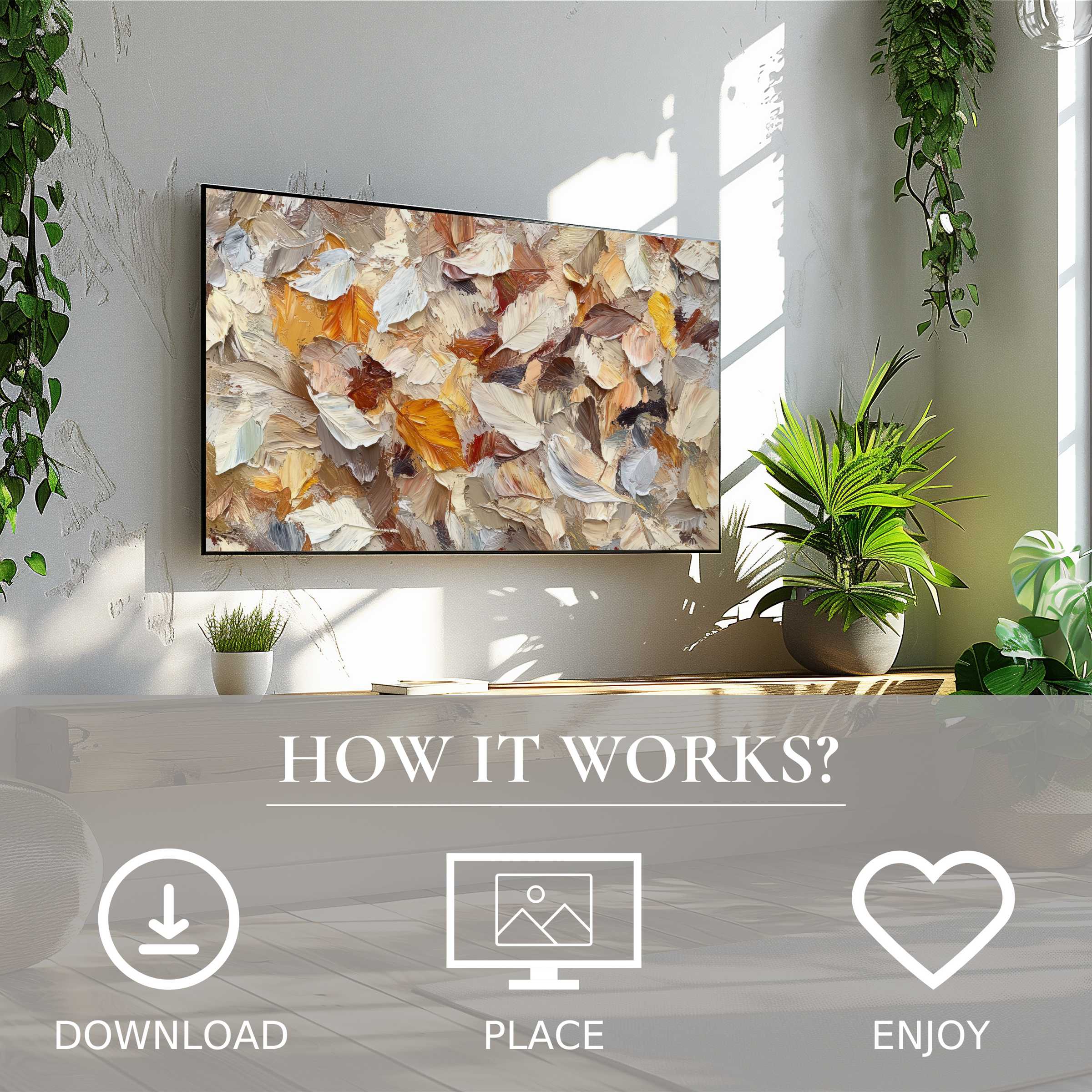Fall art for Samsung TV showing textured autumn leaves in warm tones, easy digital download enriching modern living spaces